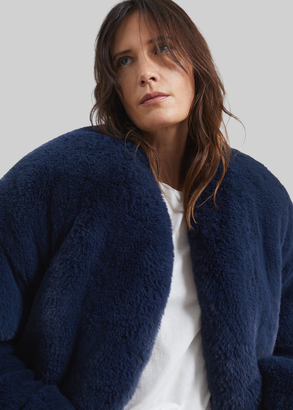 Senna Faux Fur Collarless Jacket - Navy - 4