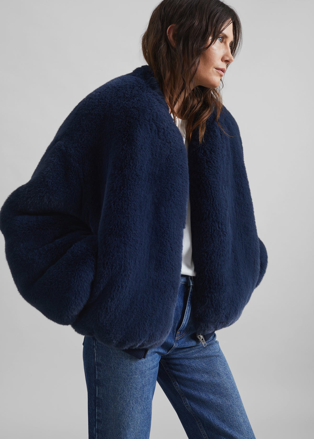 Senna Faux Fur Collarless Jacket - Navy - 6