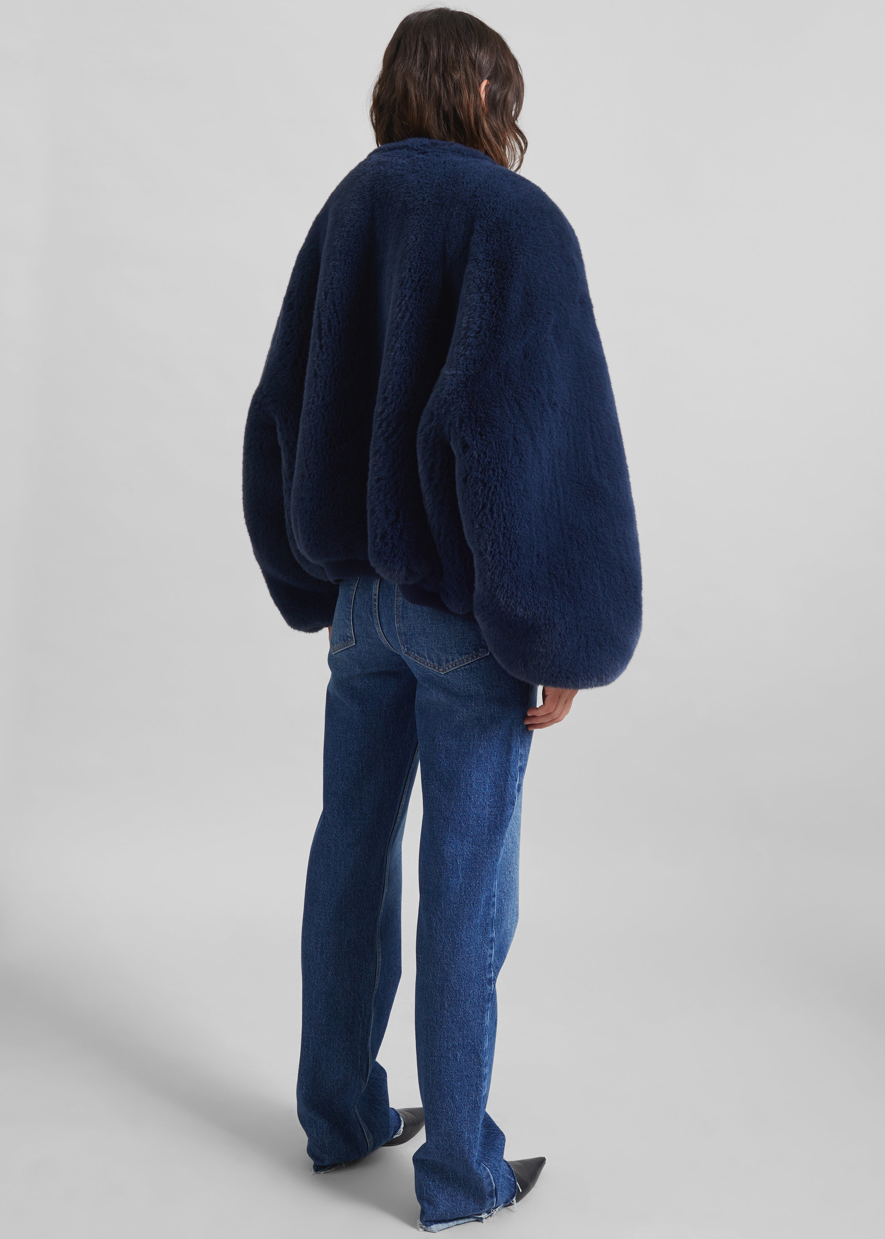 Senna Faux Fur Collarless Jacket - Navy - 7