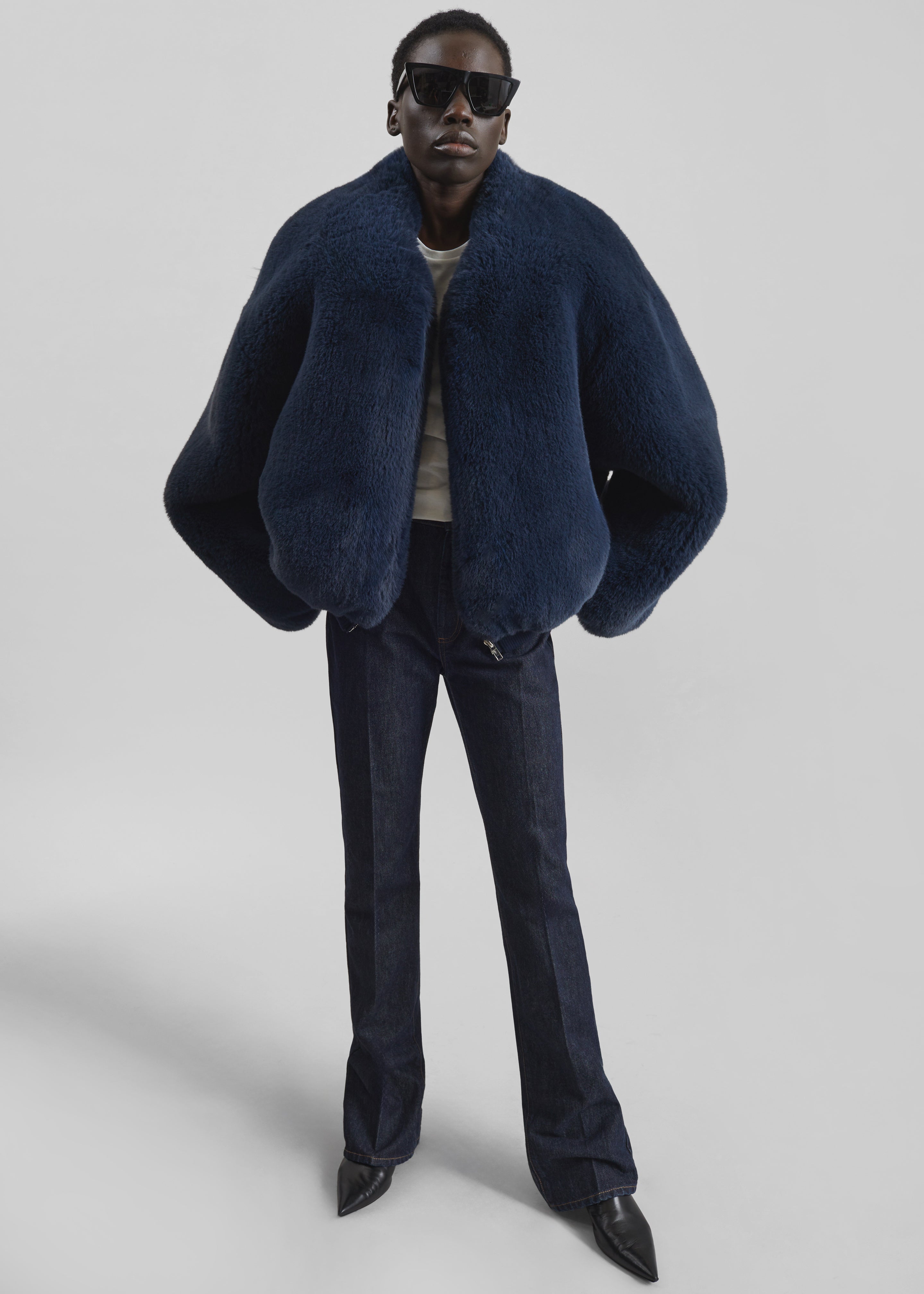 Senna Faux Fur Collarless Jacket - Navy - 5