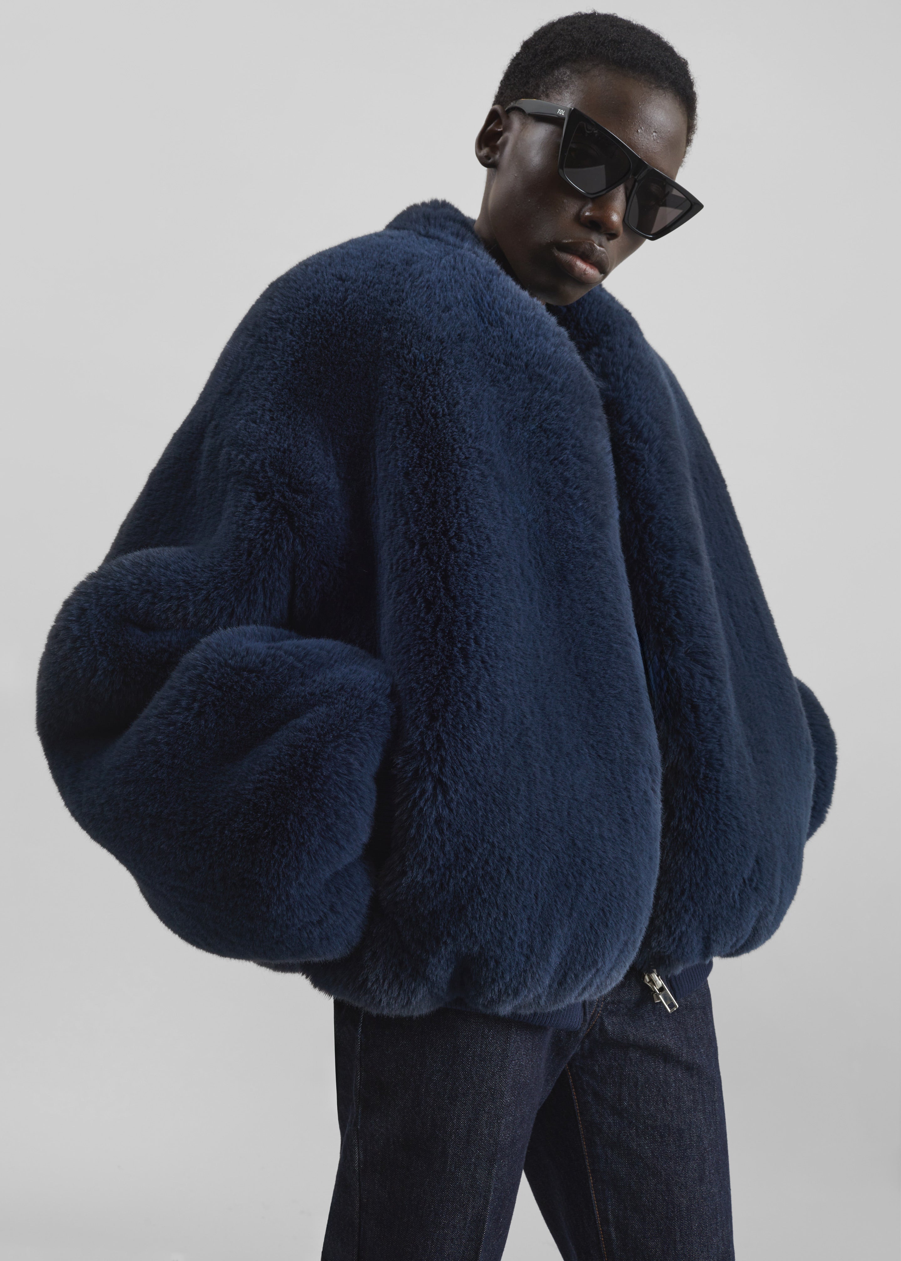 Senna Faux Fur Collarless Jacket - Navy - 1