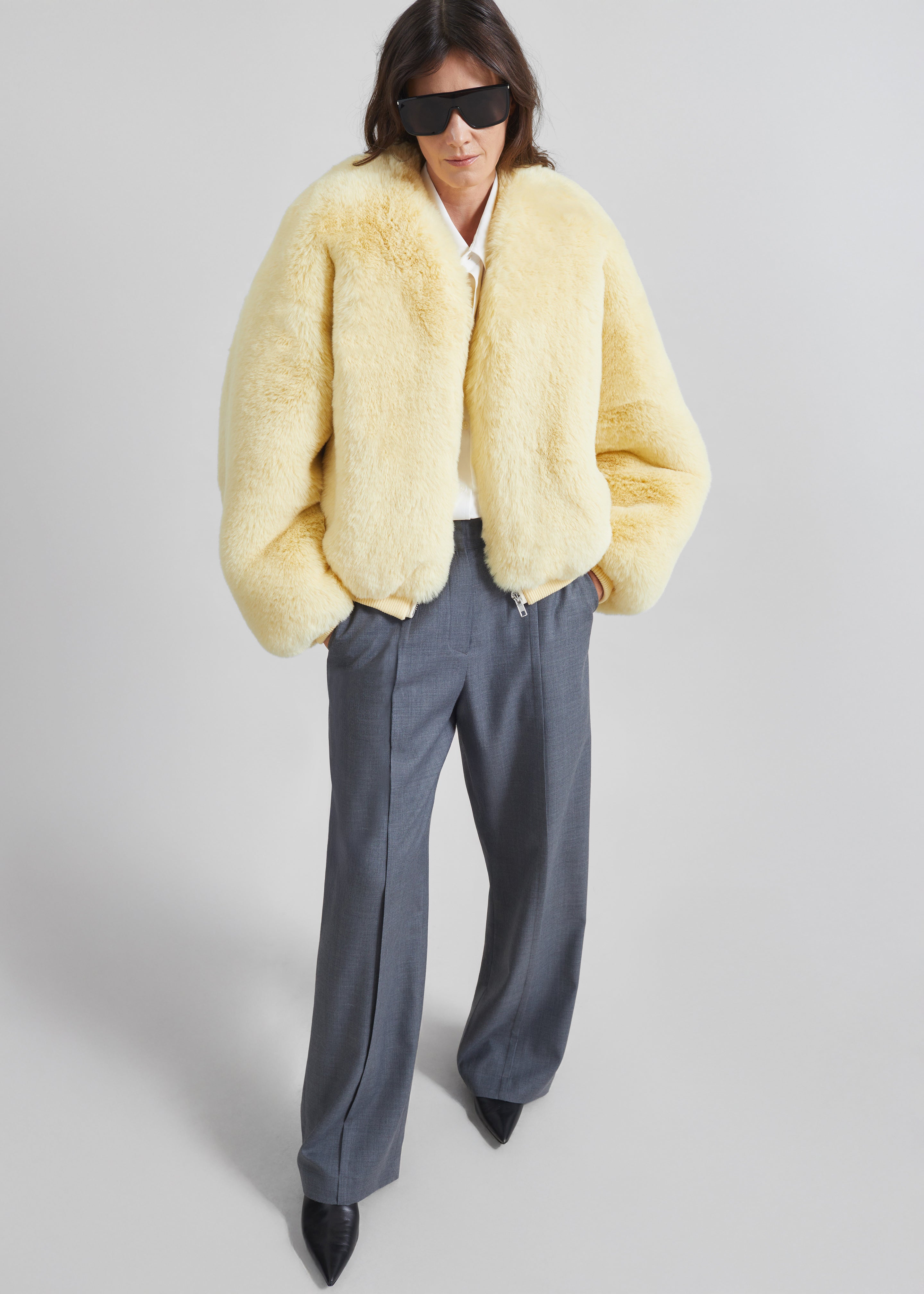 Senna Faux Fur Collarless Jacket - Pale Yellow - 5