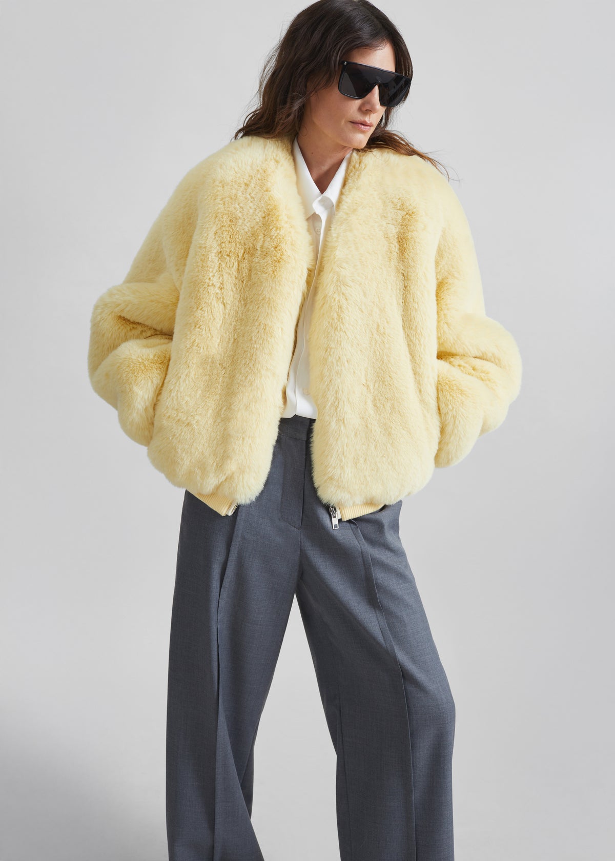 Senna Faux Fur Collarless Jacket - Pale Yellow - 2