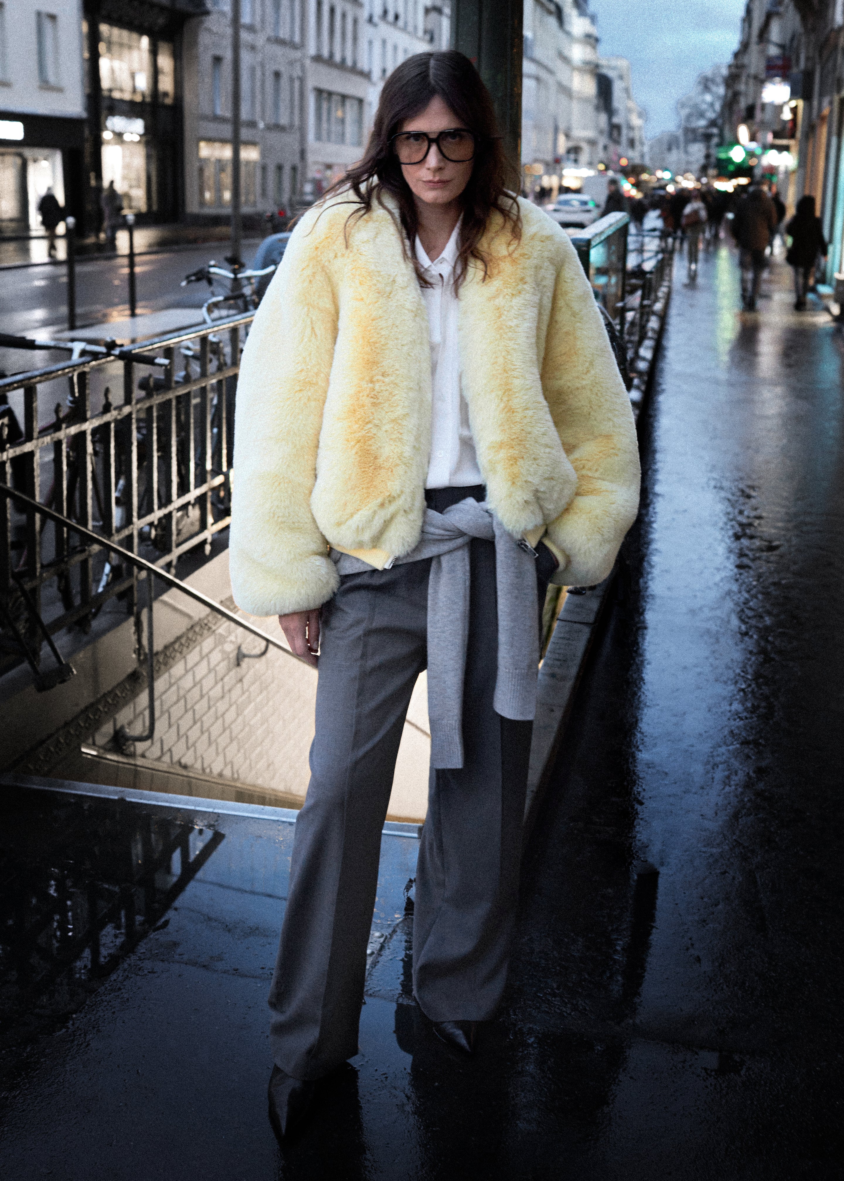 Senna Faux Fur Collarless Jacket - Pale Yellow - 1