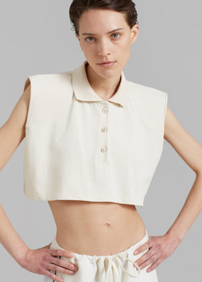 Serena Polo Padded Shoulders Boxy Top - Beige