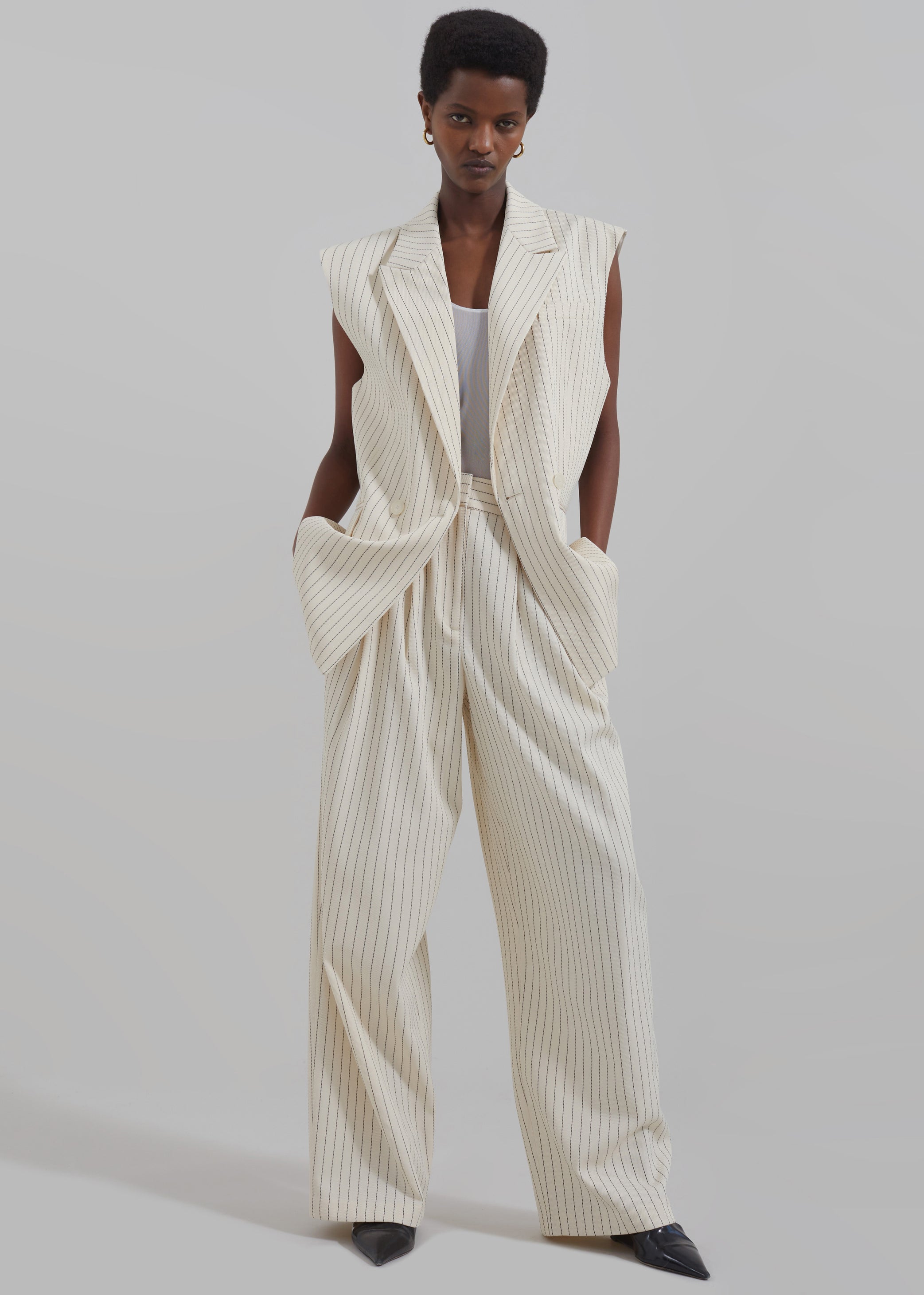 Shop the look image for Shane Twill Double Breasted Vest - Light Beige/Black Pinstripe