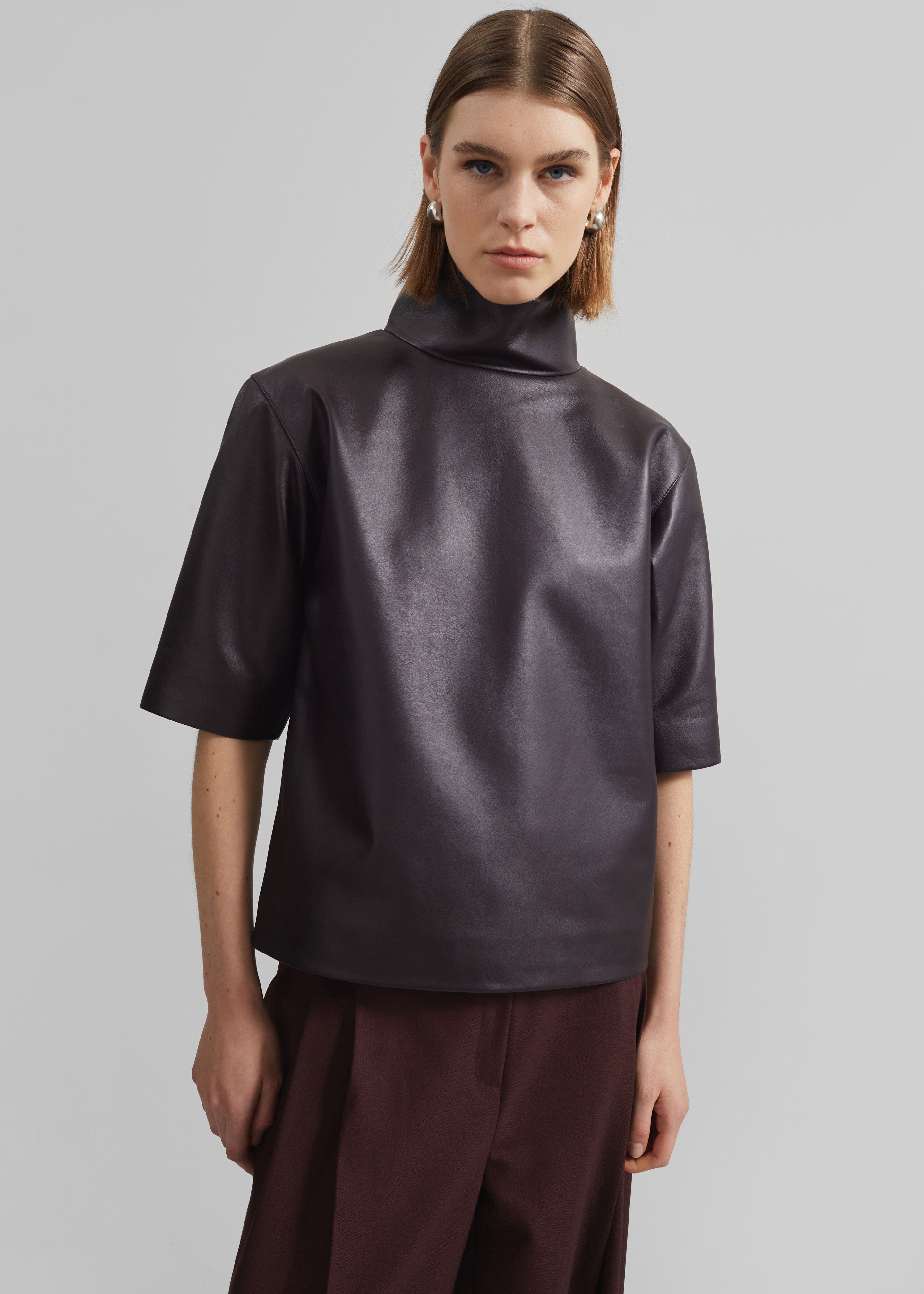 Shiloh Leather Mock Neck Top - Dark Plum - 3