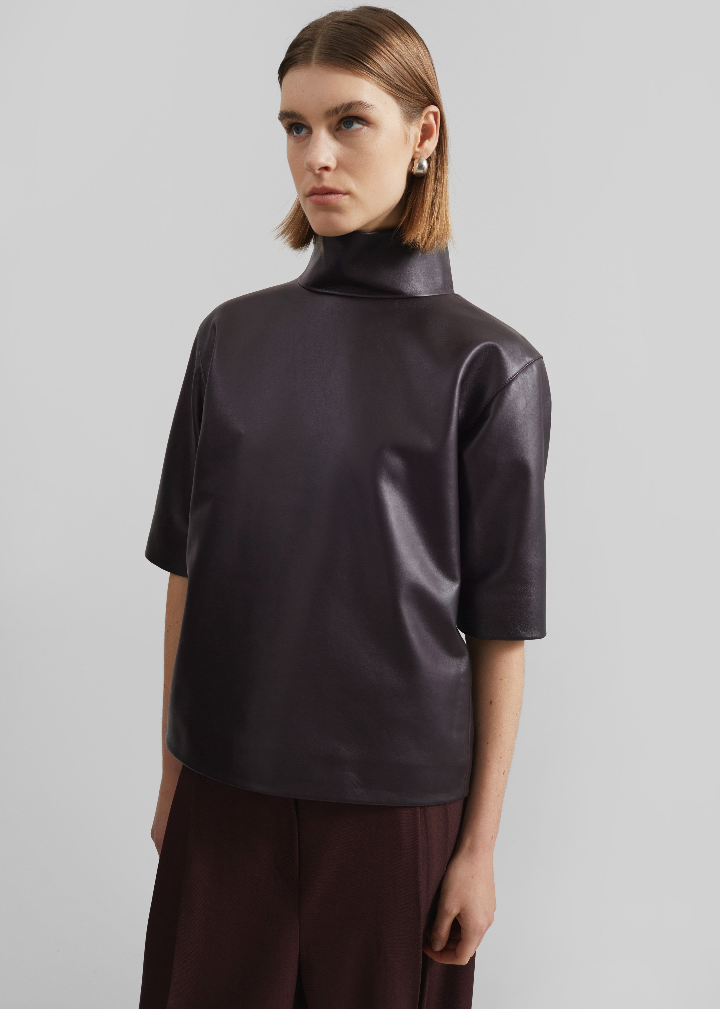 Shiloh Leather Mock Neck Top - Dark Plum - 4