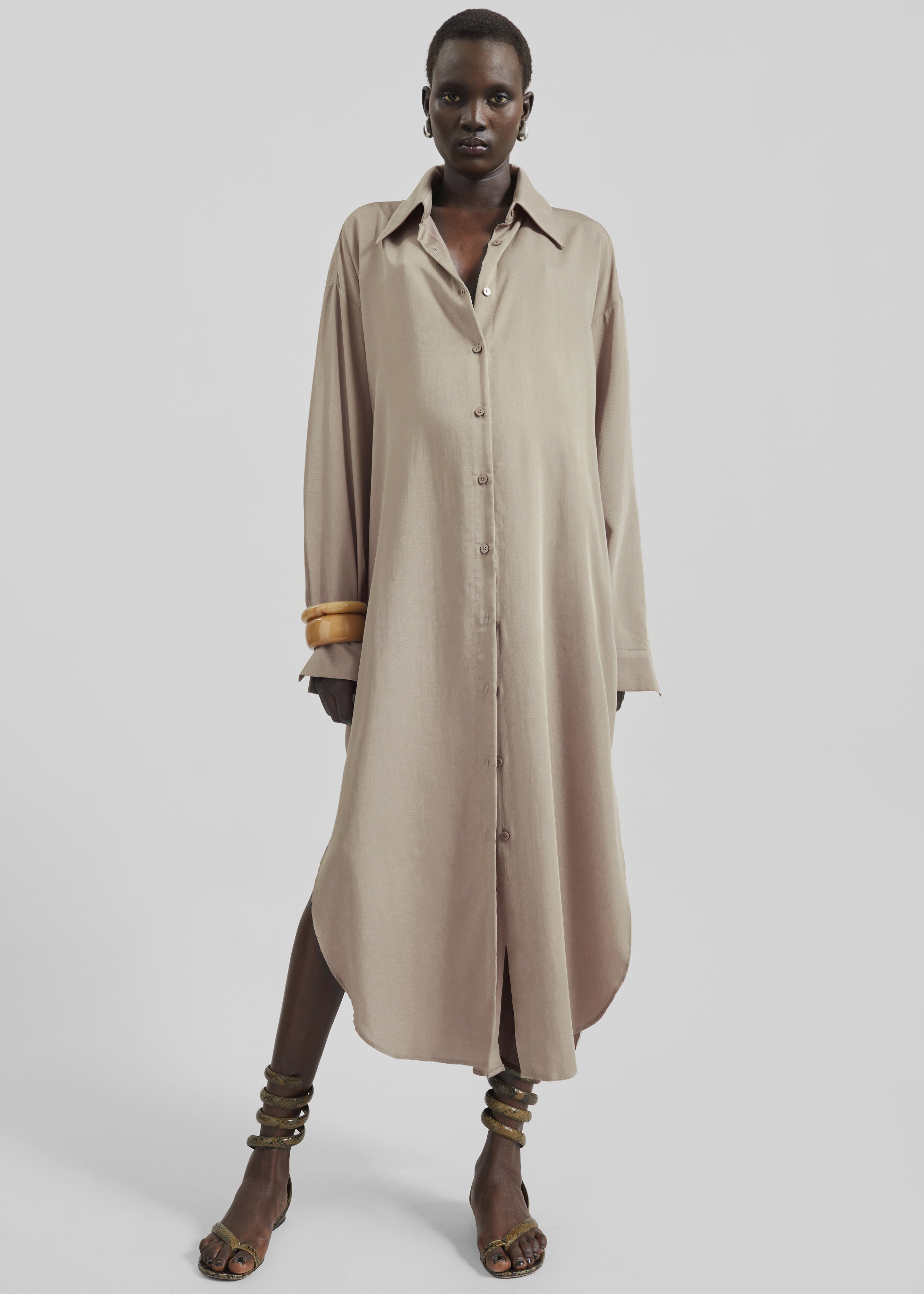Silvan Neck Tie Shirt Dress - Taupe - 4