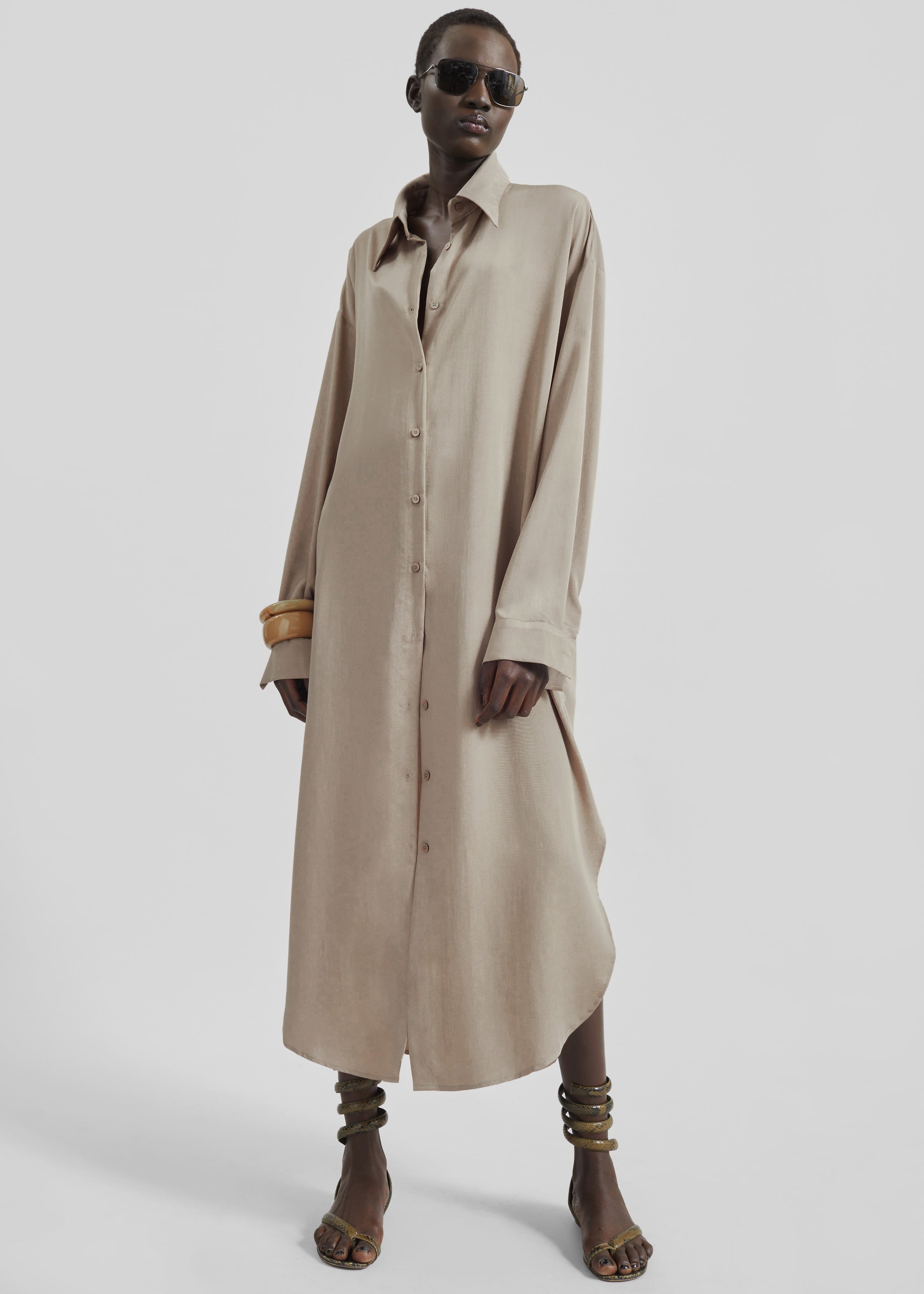 Silvan Neck Tie Shirt Dress - Taupe - 6