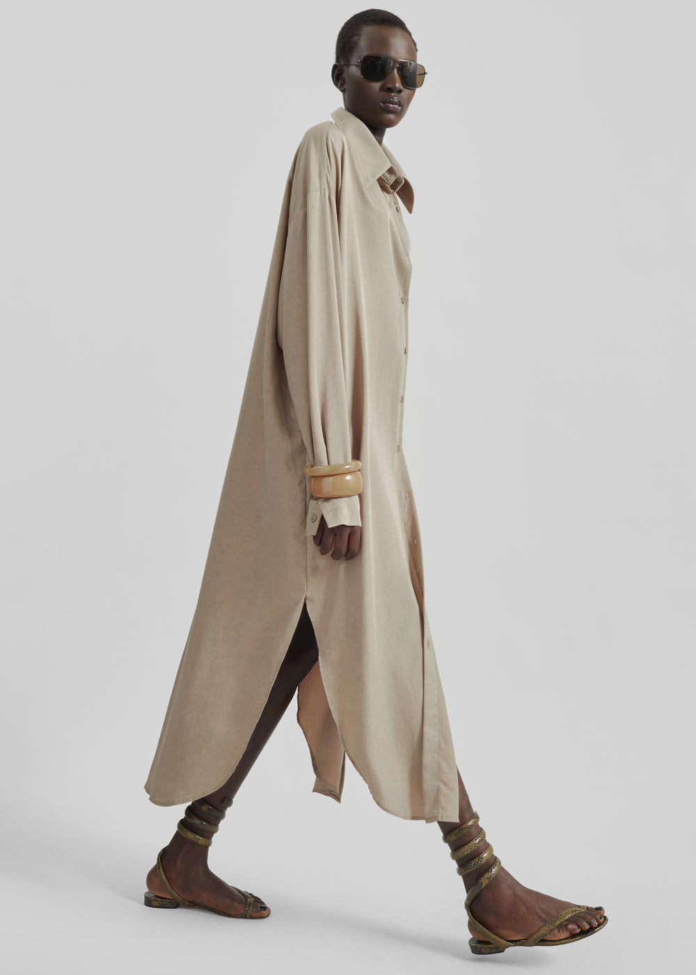 Silvan Neck Tie Shirt Dress - Taupe - 1