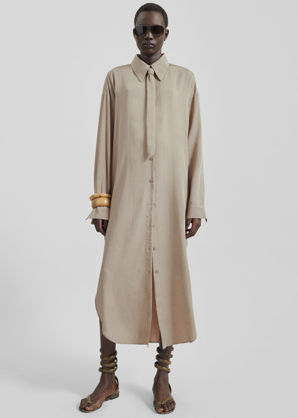 Silvan Neck Tie Shirt Dress - Taupe