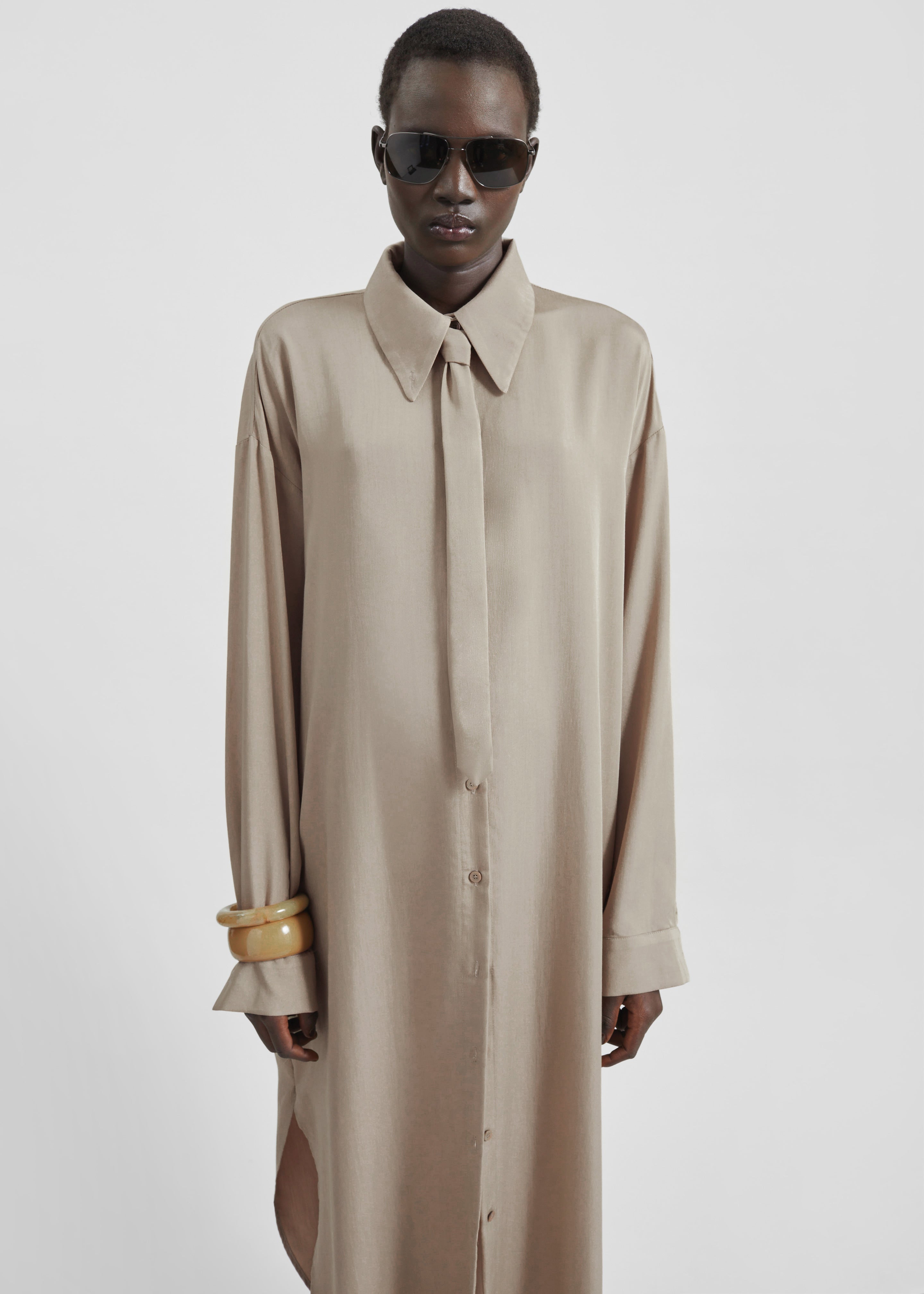 Silvan Neck Tie Shirt Dress - Taupe - 7