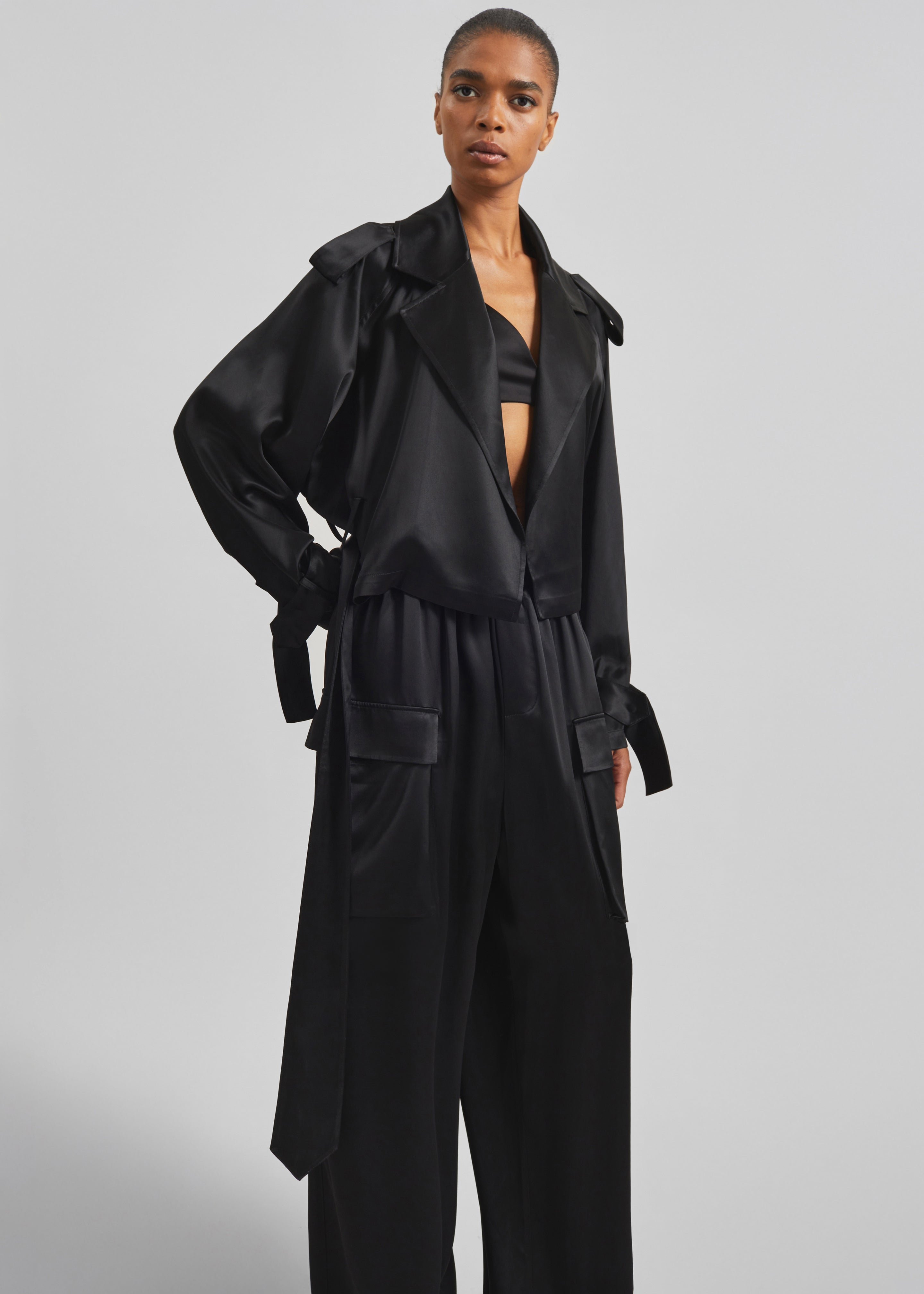 Simona Satin Short Trench - Black - 5