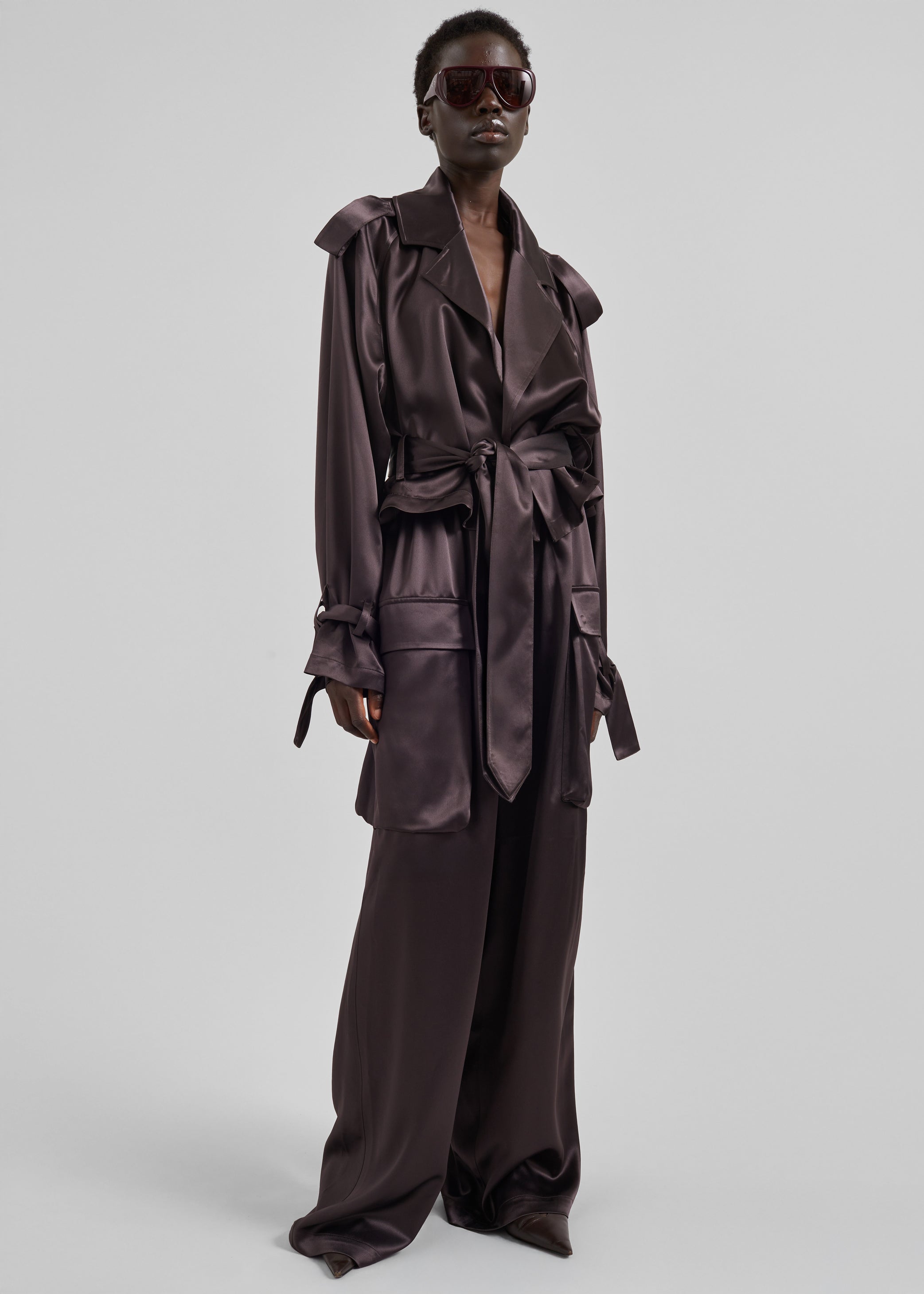 Shop the look image for Simona Satin Short Trench - Dark Brown