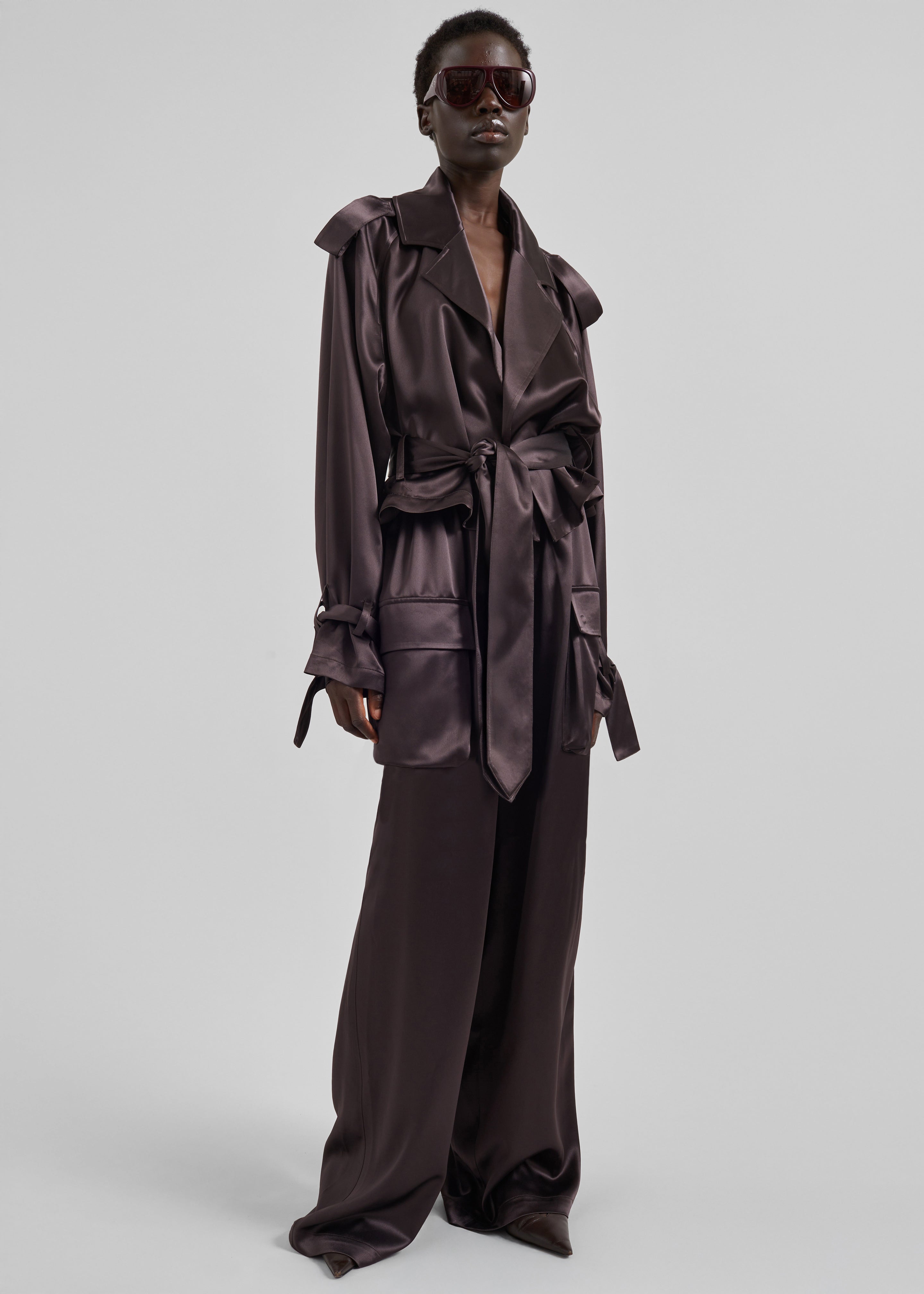 Simona Satin Short Trench - Dark Brown – The Frankie Shop