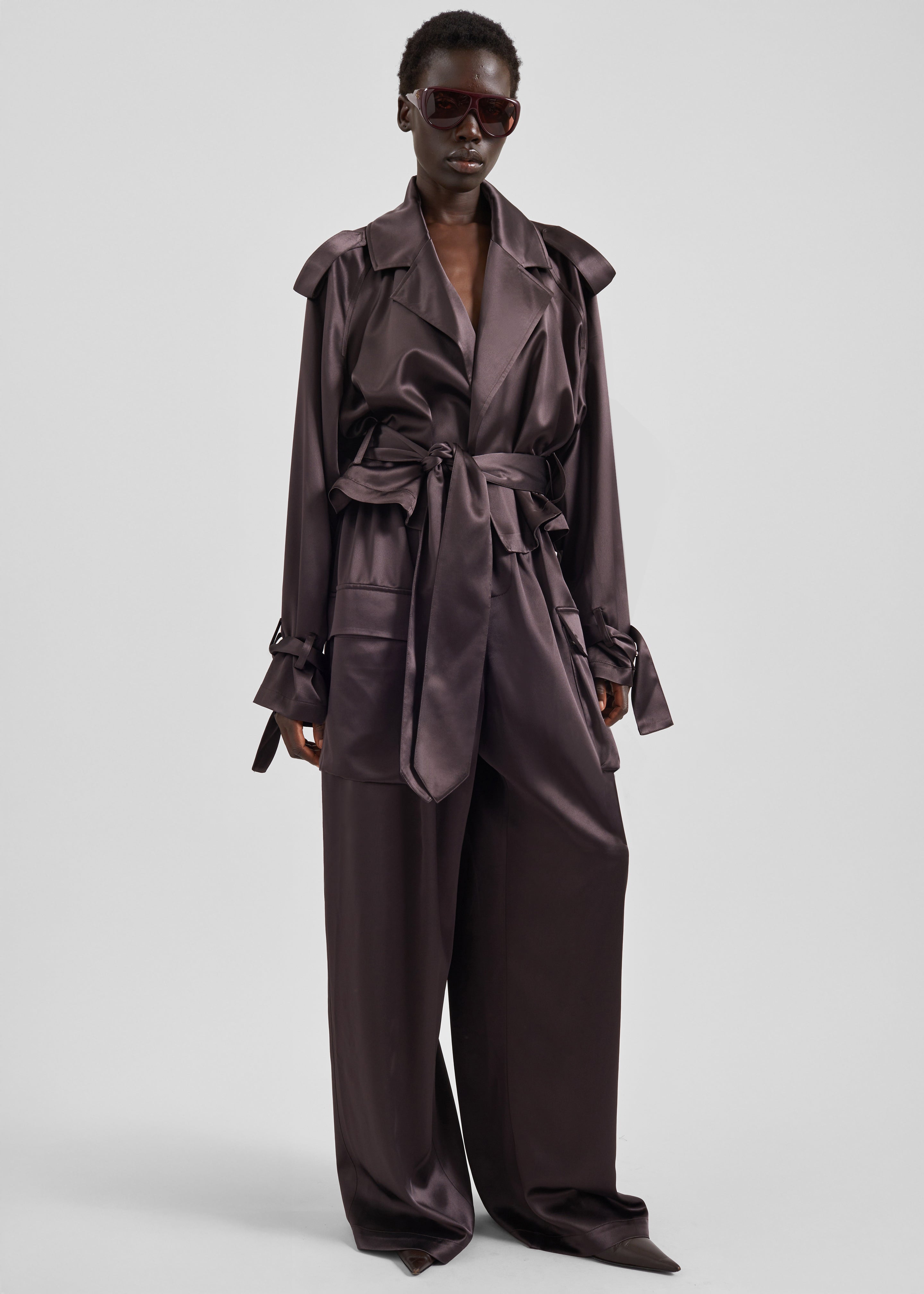 Simona Satin Short Trench - Dark Brown – The Frankie Shop