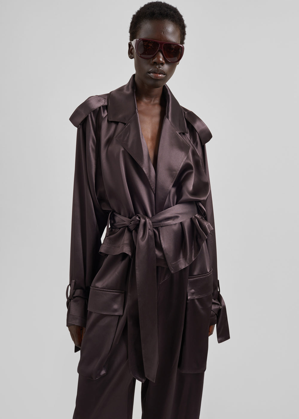 Simona Satin Short Trench - Dark Brown - 1