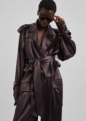 Simona Satin Short Trench - Dark Brown