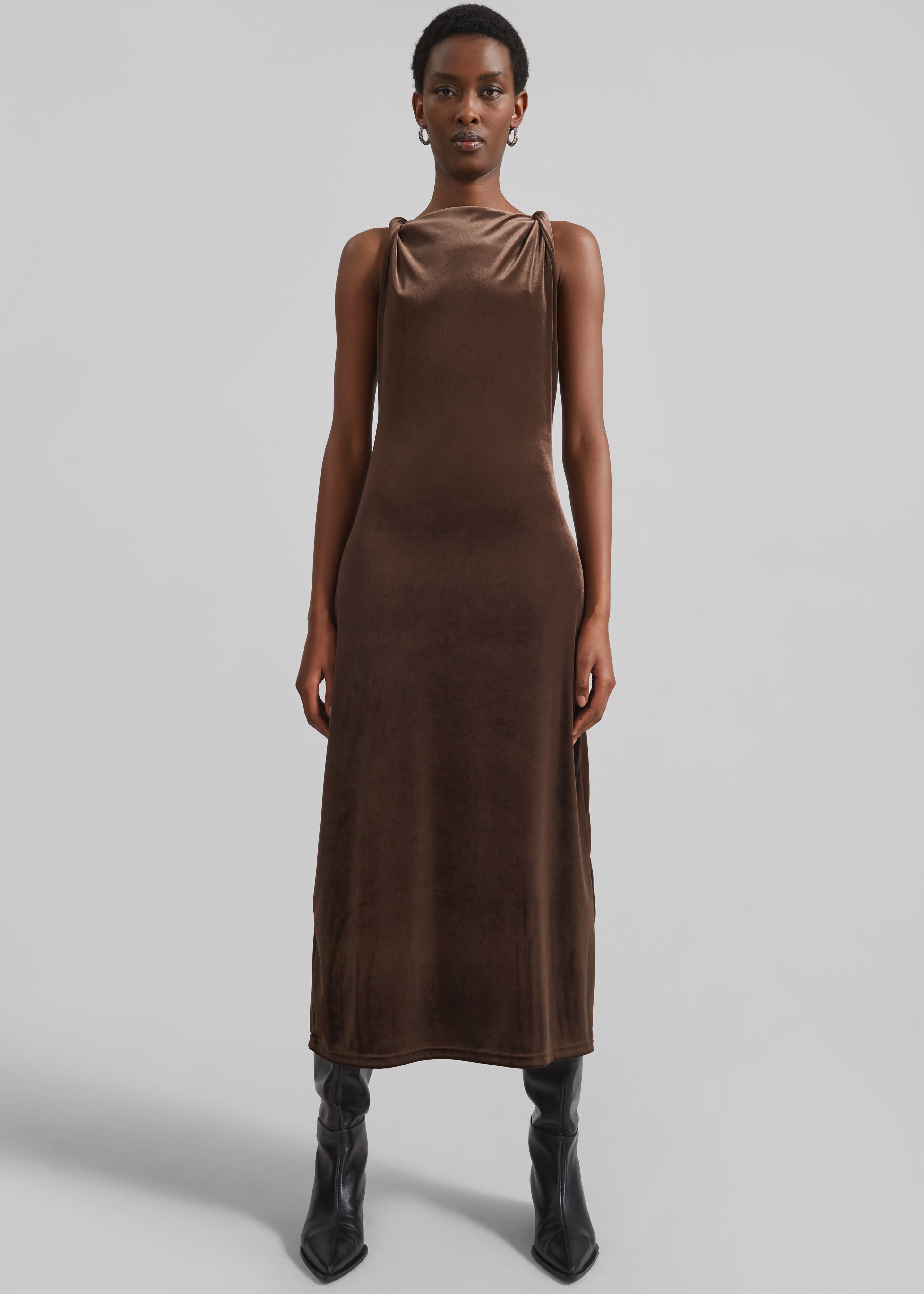 Sinai Twisted Velvet Dress - Brown - 4