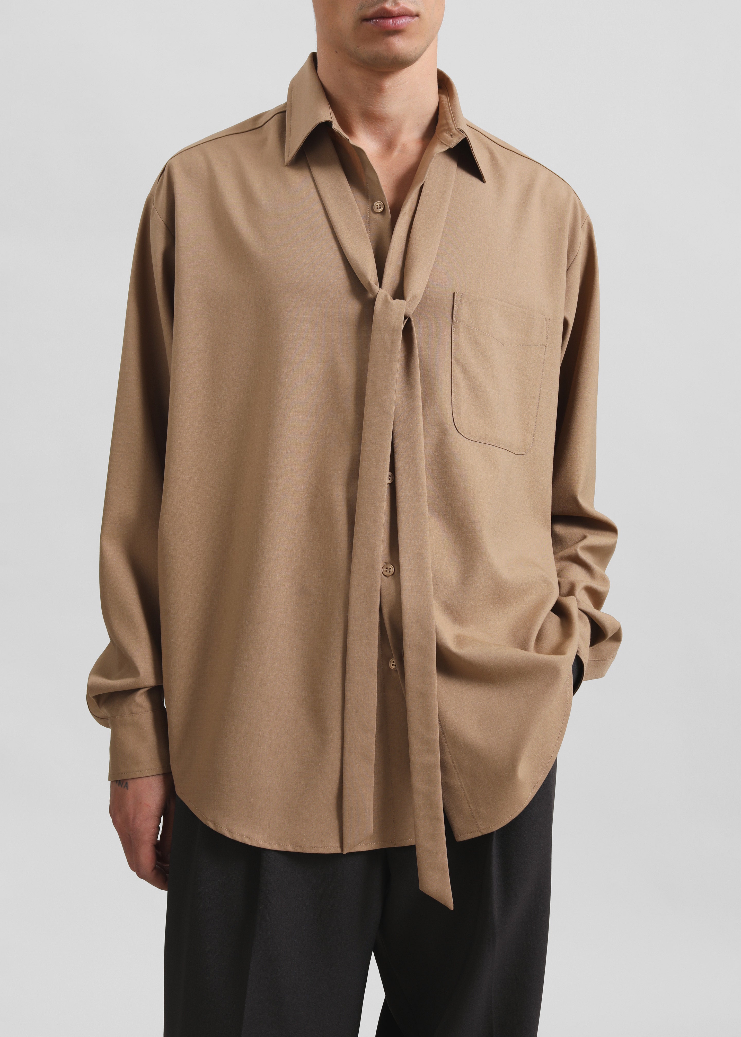 Sinclair Neck Tie Shirt - Camel – The Frankie Shop