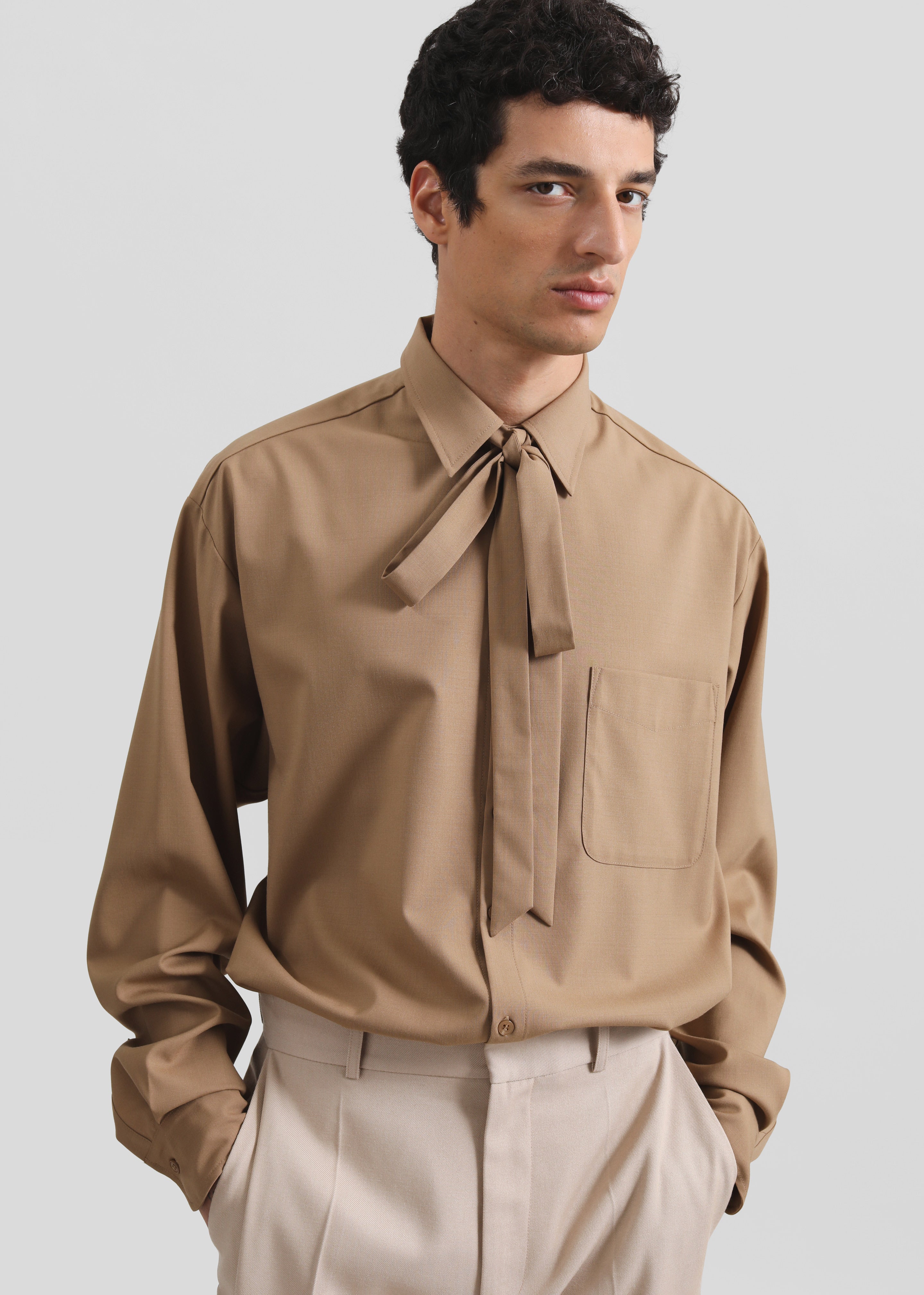 Sinclair Neck Tie Shirt - Camel – The Frankie Shop