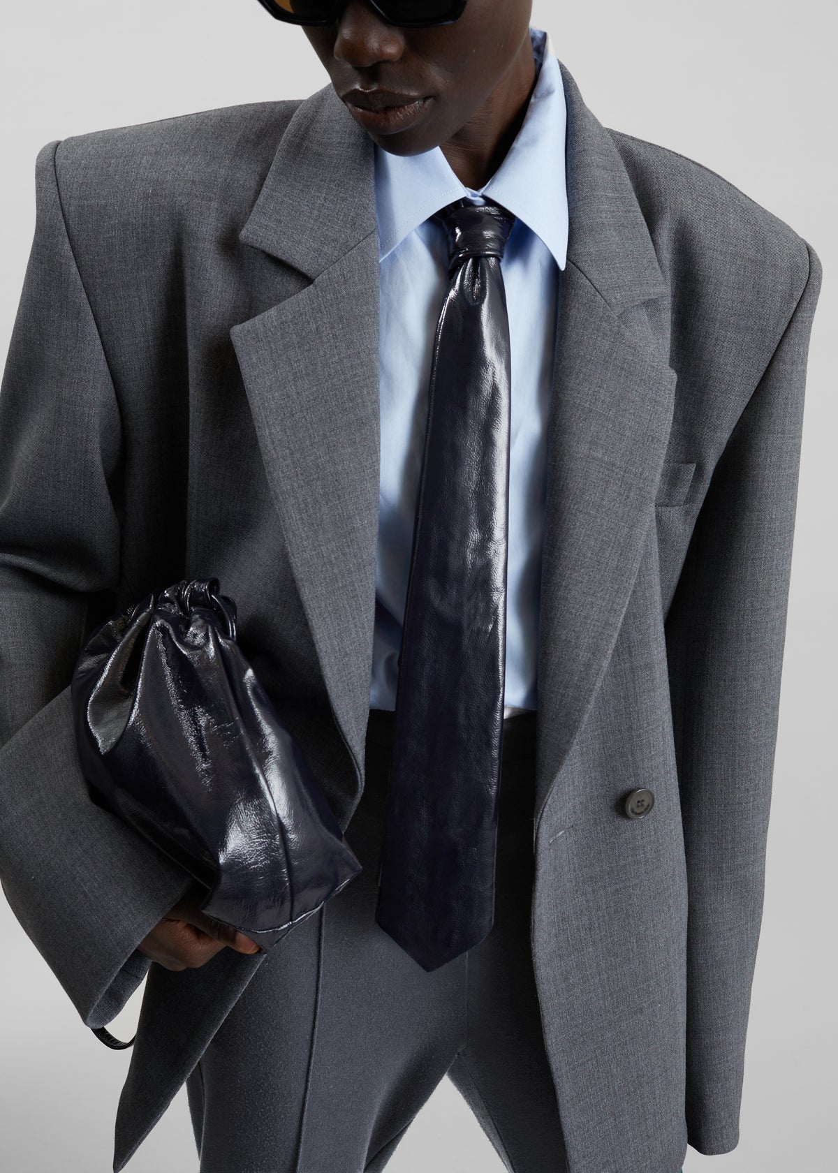 Sira Faux Leather Crackled Tie - Navy