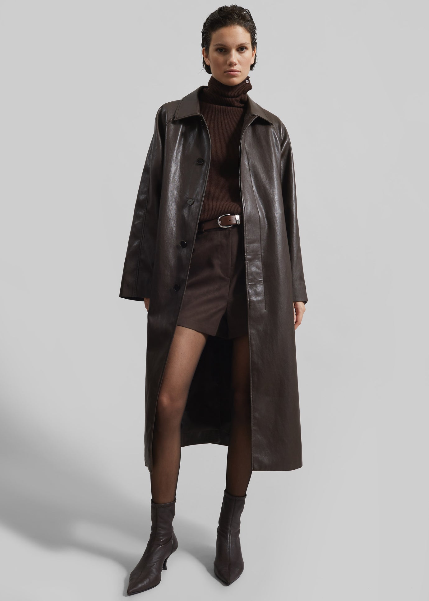 Skane Faux Leather Trench - Brown