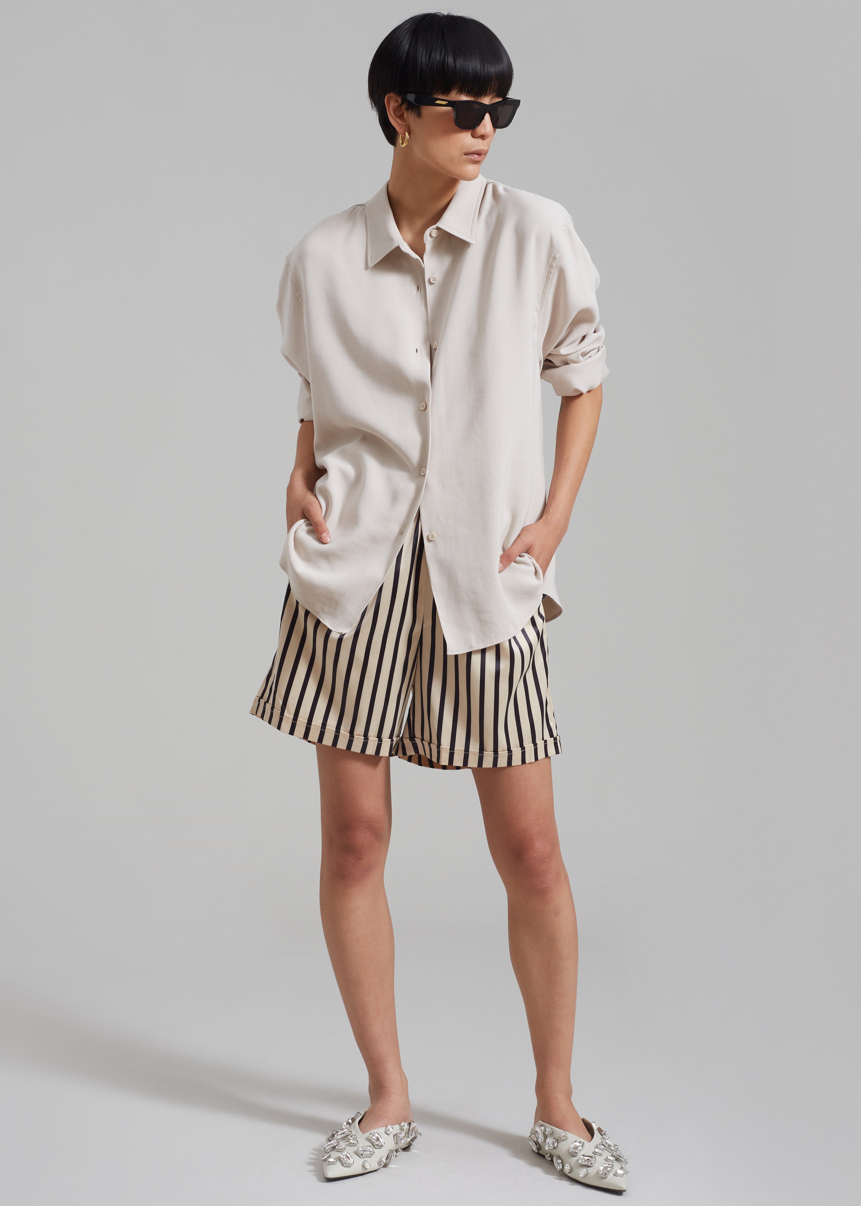 Solaqua Silk Shorts - Ecru with Black Stripes - 2