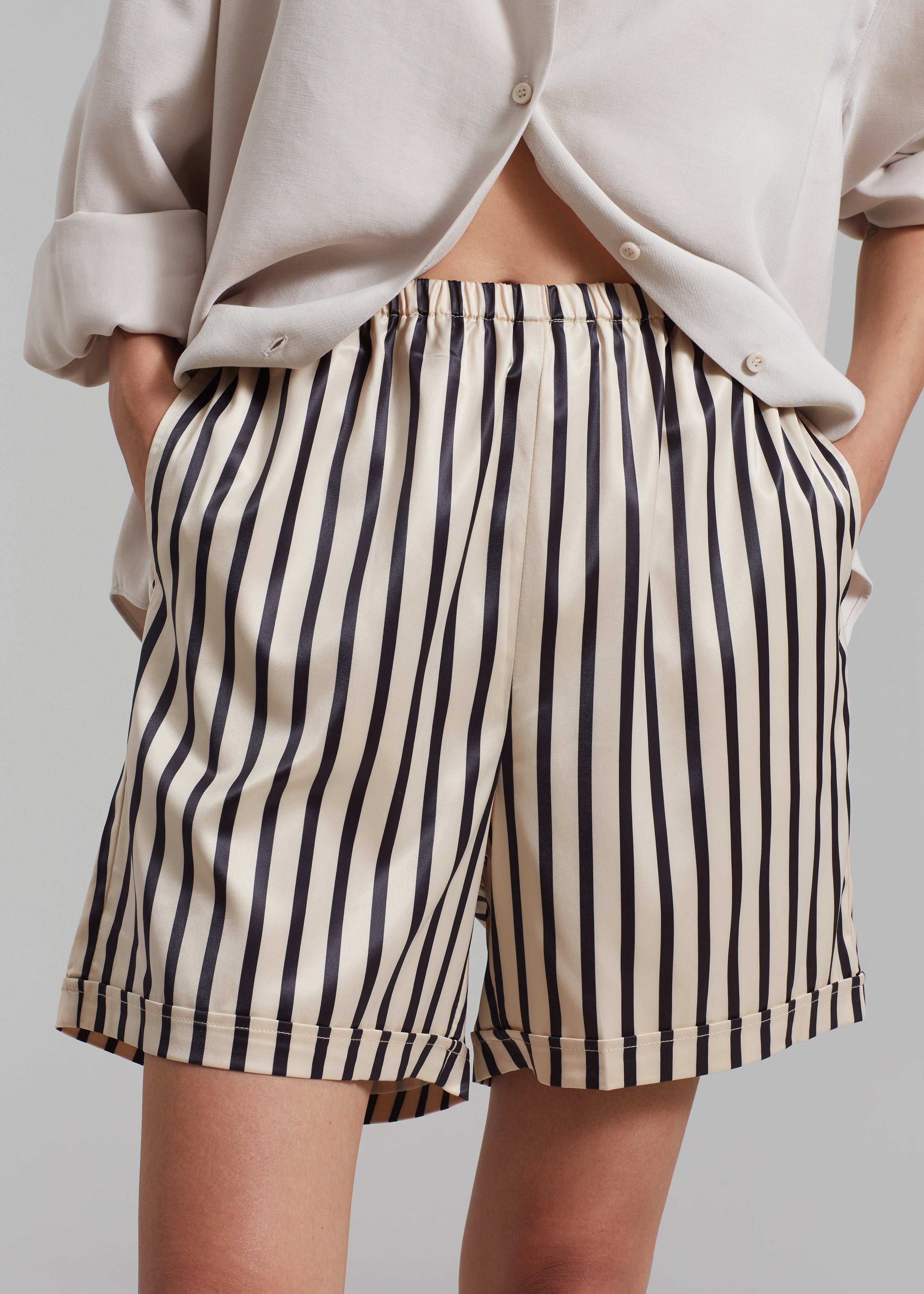 Solaqua Silk Shorts - Ecru with Black Stripes - 3
