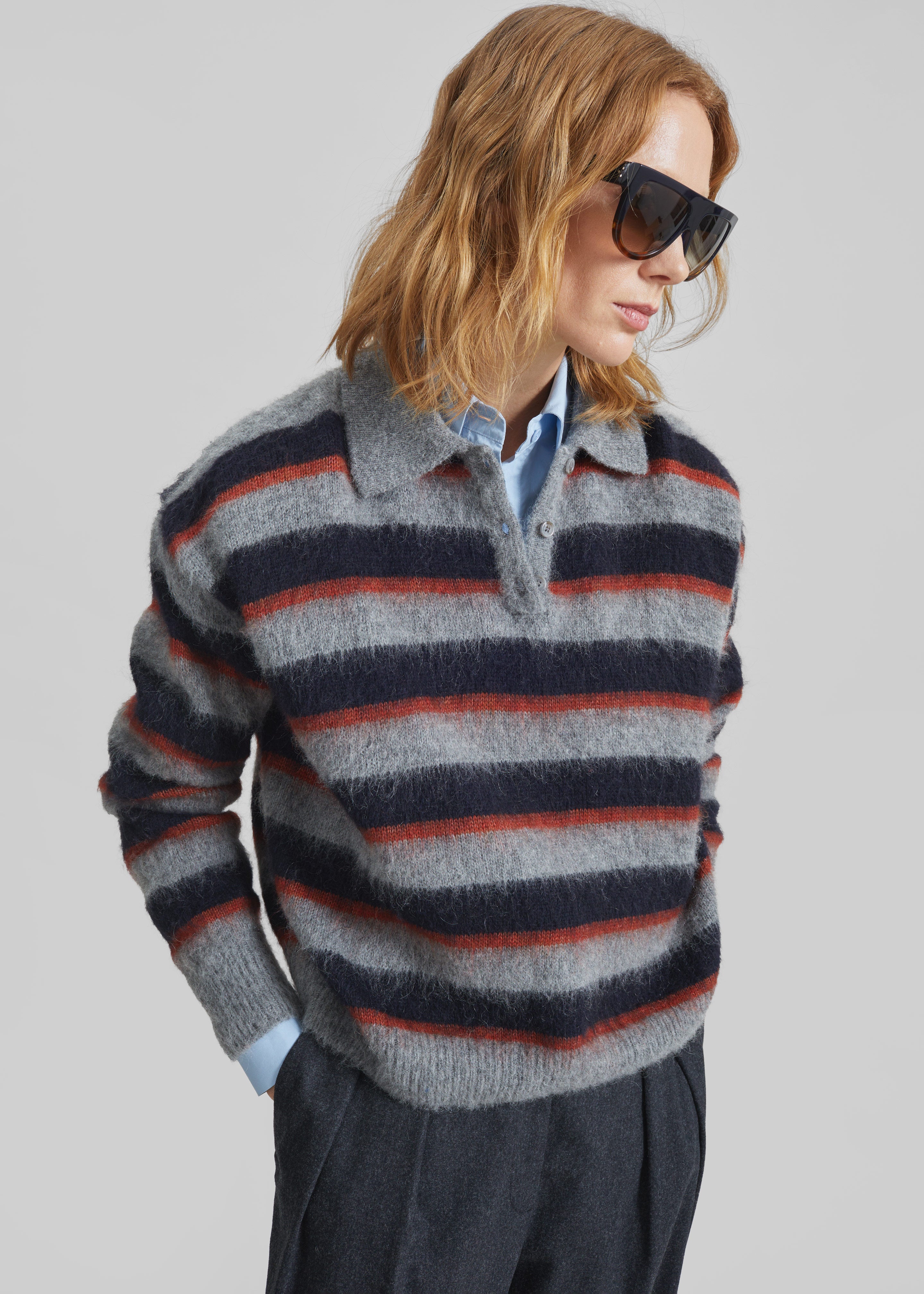 Sorlia Mohair Polo Sweater - Grey Multi Stripe – The Frankie Shop