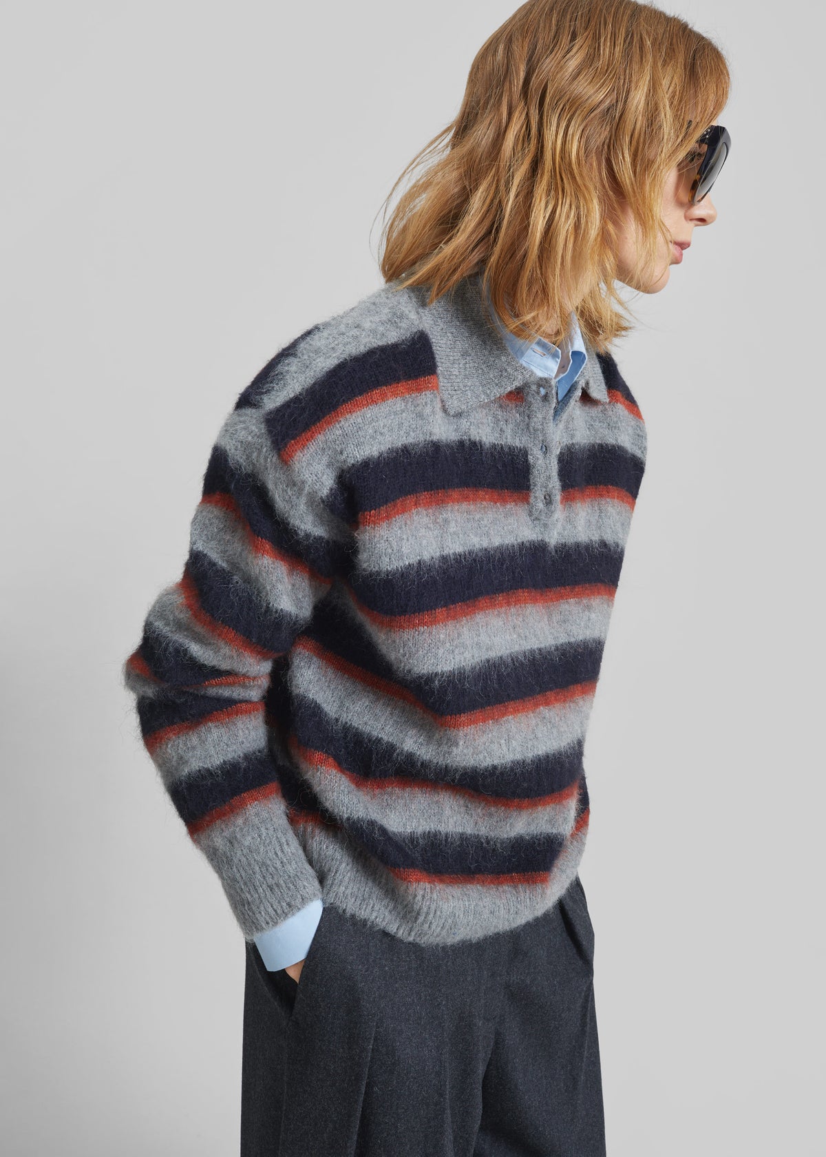 Sorlia Mohair Polo Sweater - Grey Multi Stripe - 1