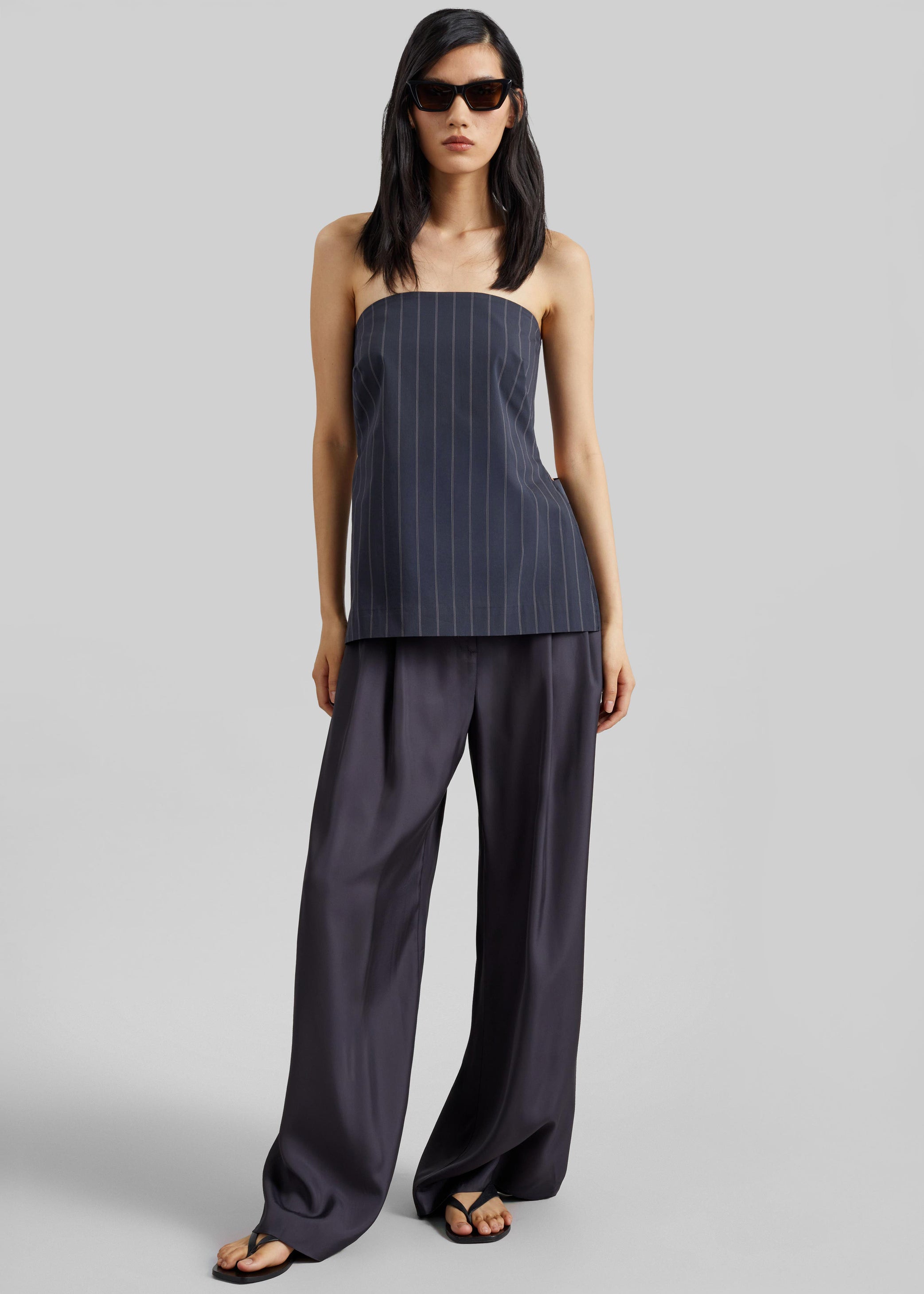 Shop the look image for St. Agni Strapless Rouleau Tie Top - Ink Stripe