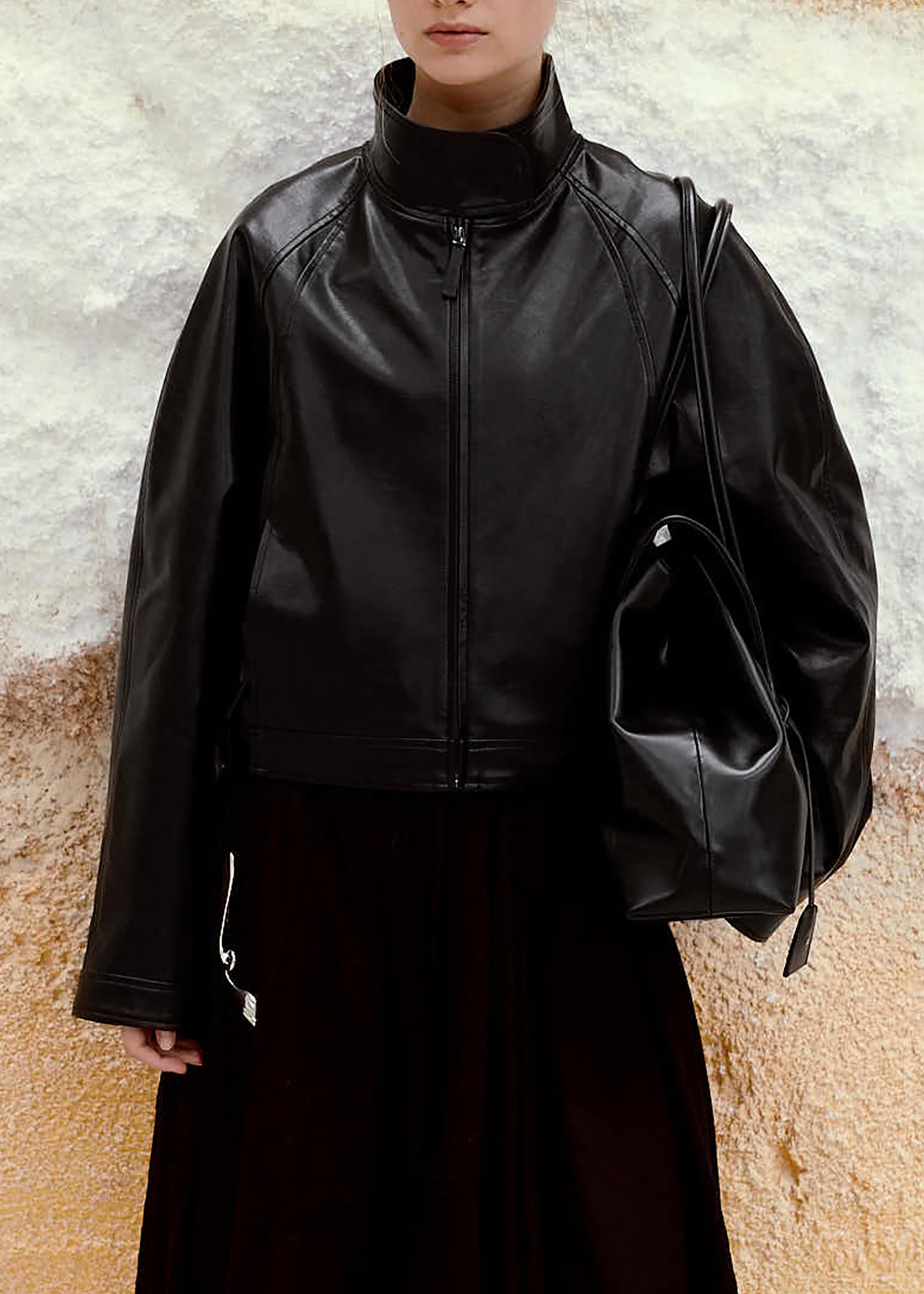 Low Classic Stand Collar Artificial Leather Jumper - Black - 6