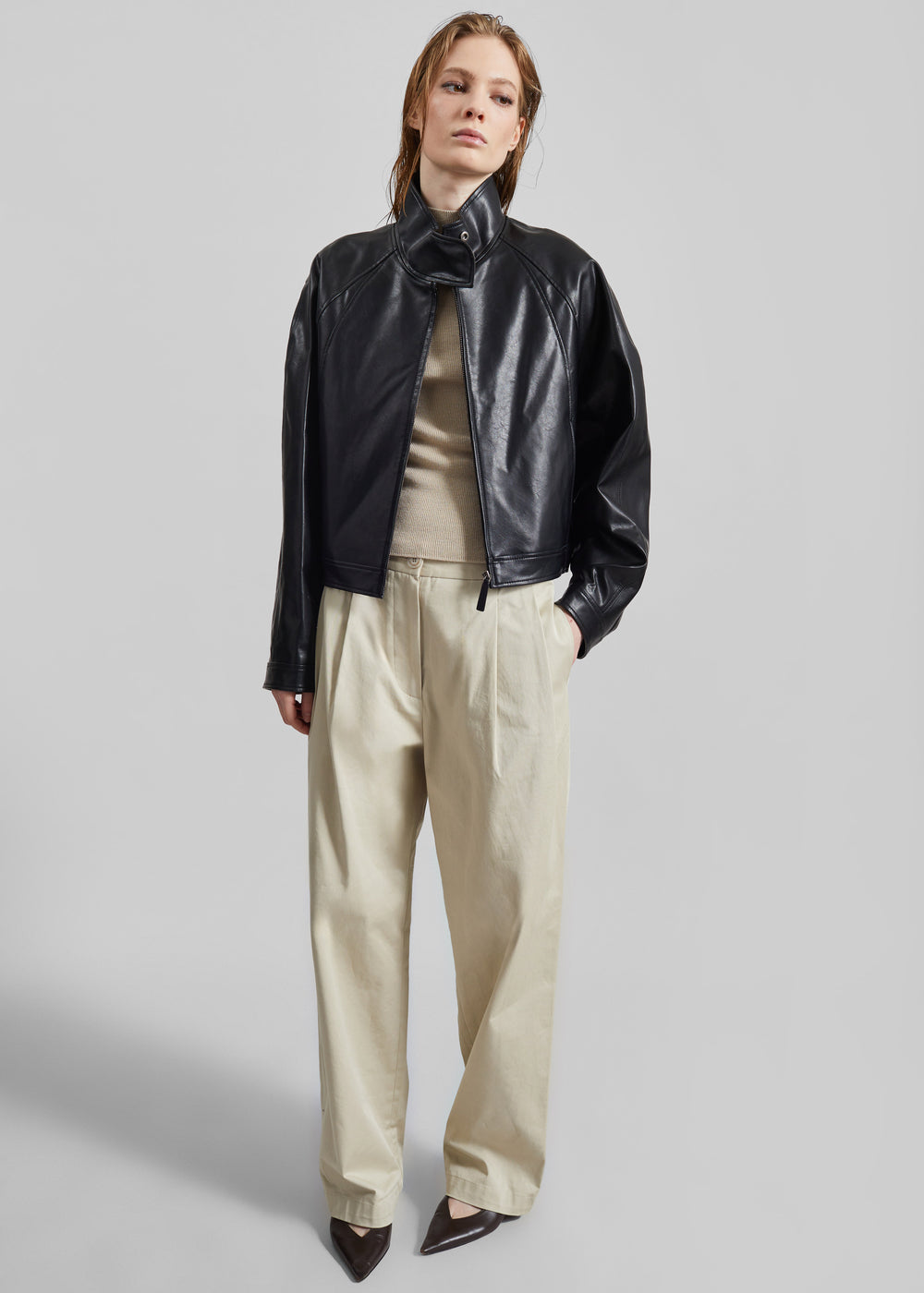 Low Classic Stand Collar Artificial Leather Jumper - Black - 1