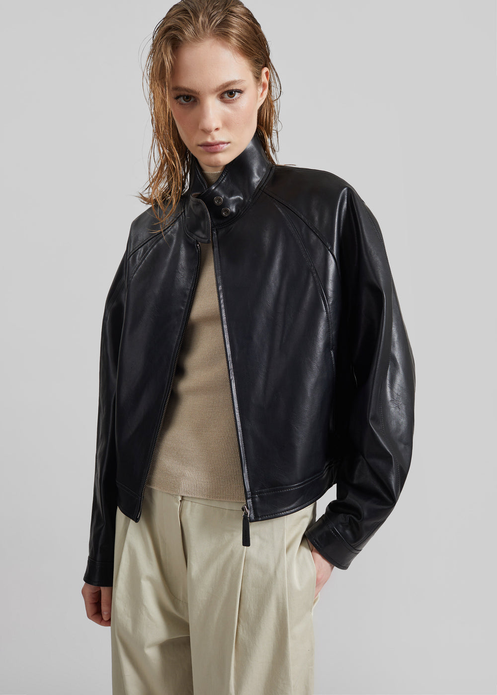 Low Classic Stand Collar Artificial Leather Jumper - Black