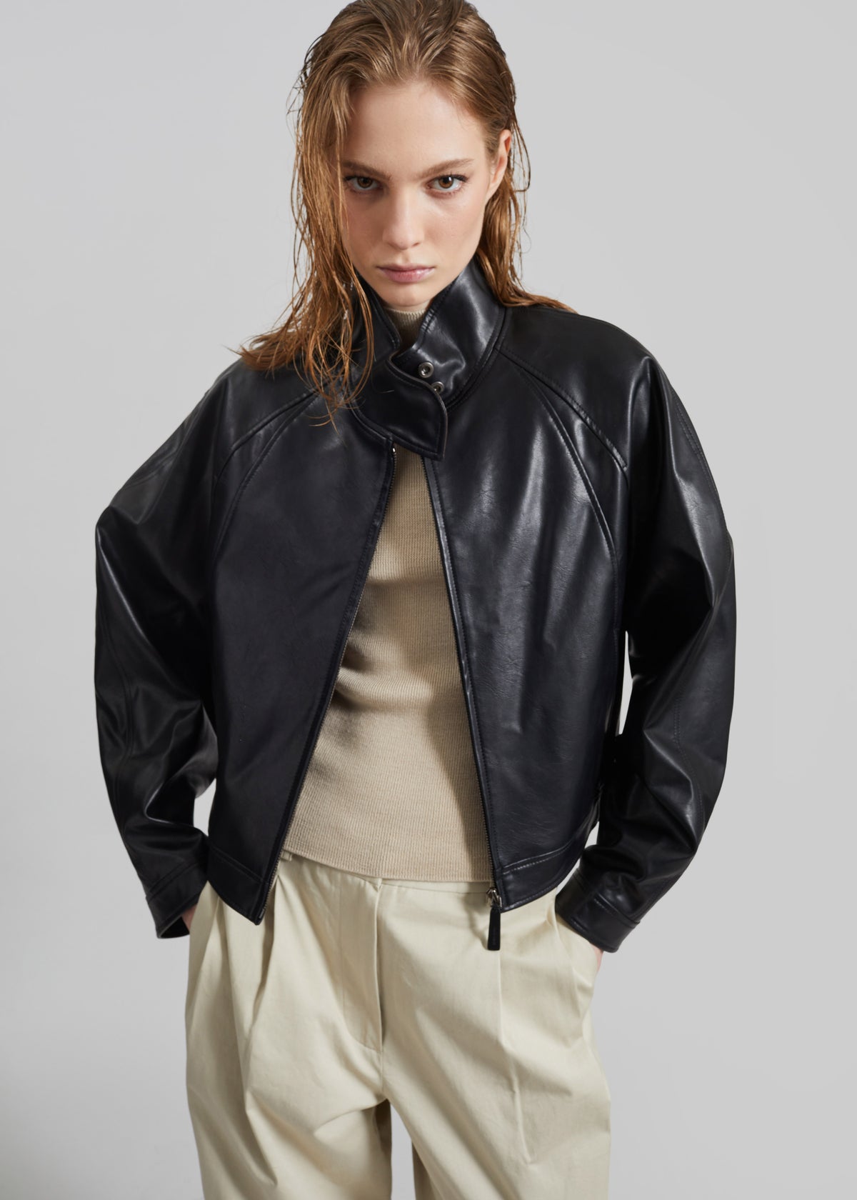 Low Classic Stand Collar Artificial Leather Jumper - Black - 3