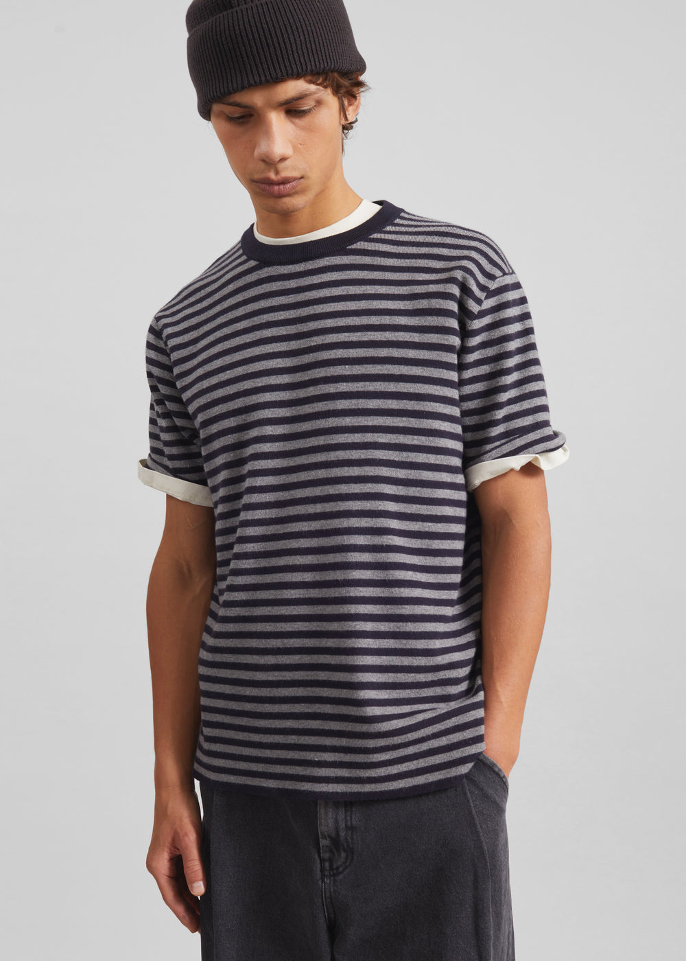 Stanmore Knit T-Shirt - Grey/Blue Stripe