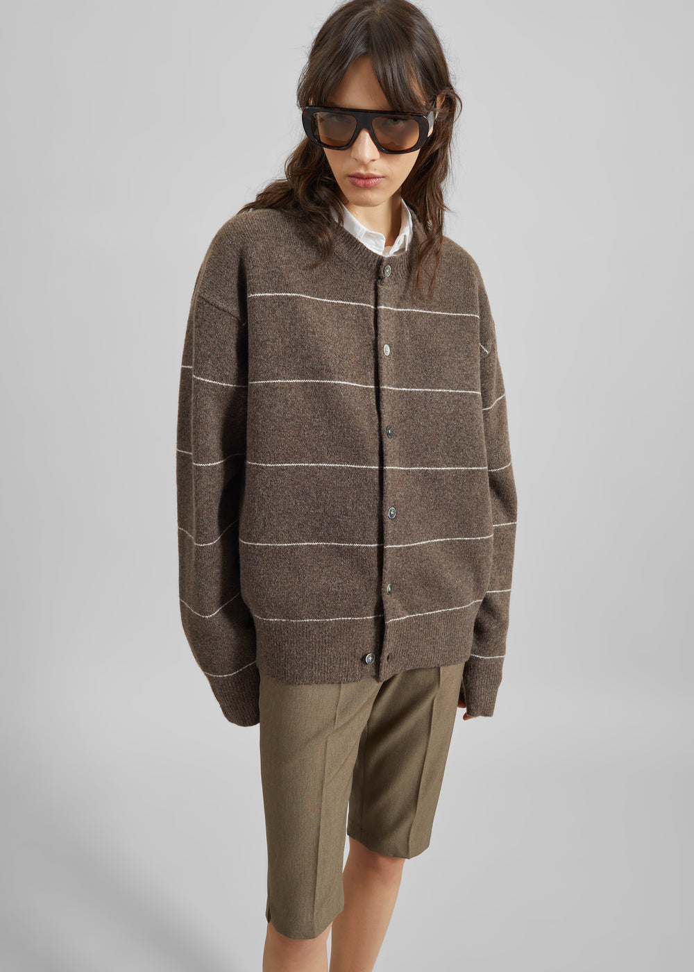 Stenvad Crewneck Cardigan - Brown/White Stripe - 1
