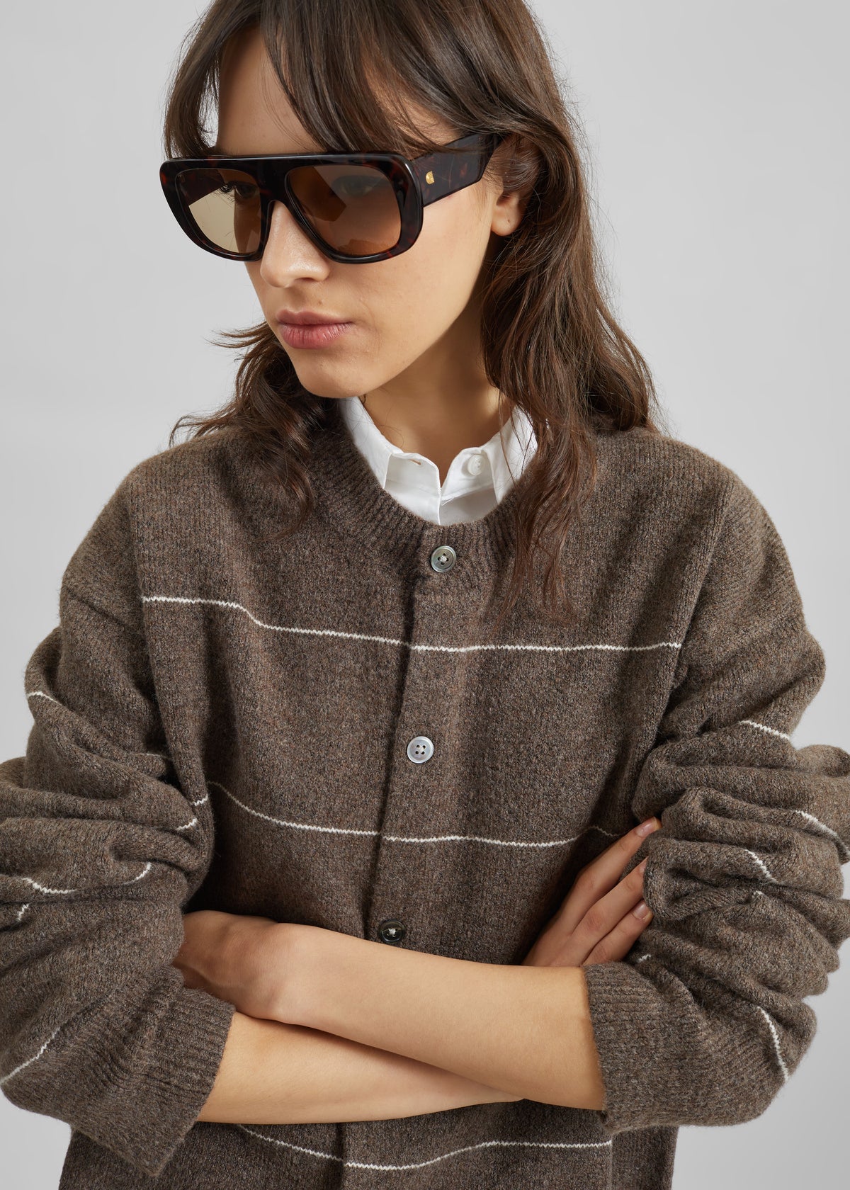 Stenvad Crewneck Cardigan - Brown/White Stripe - 3
