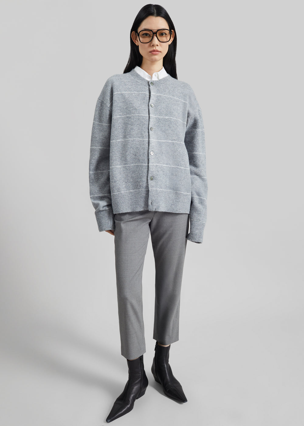 Stenvad Crewneck Cardigan - Grey/White Stripe - 1