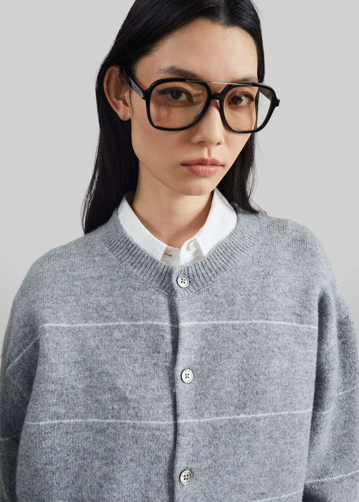 Stenvad Crewneck Cardigan - Grey/White Stripe - 3