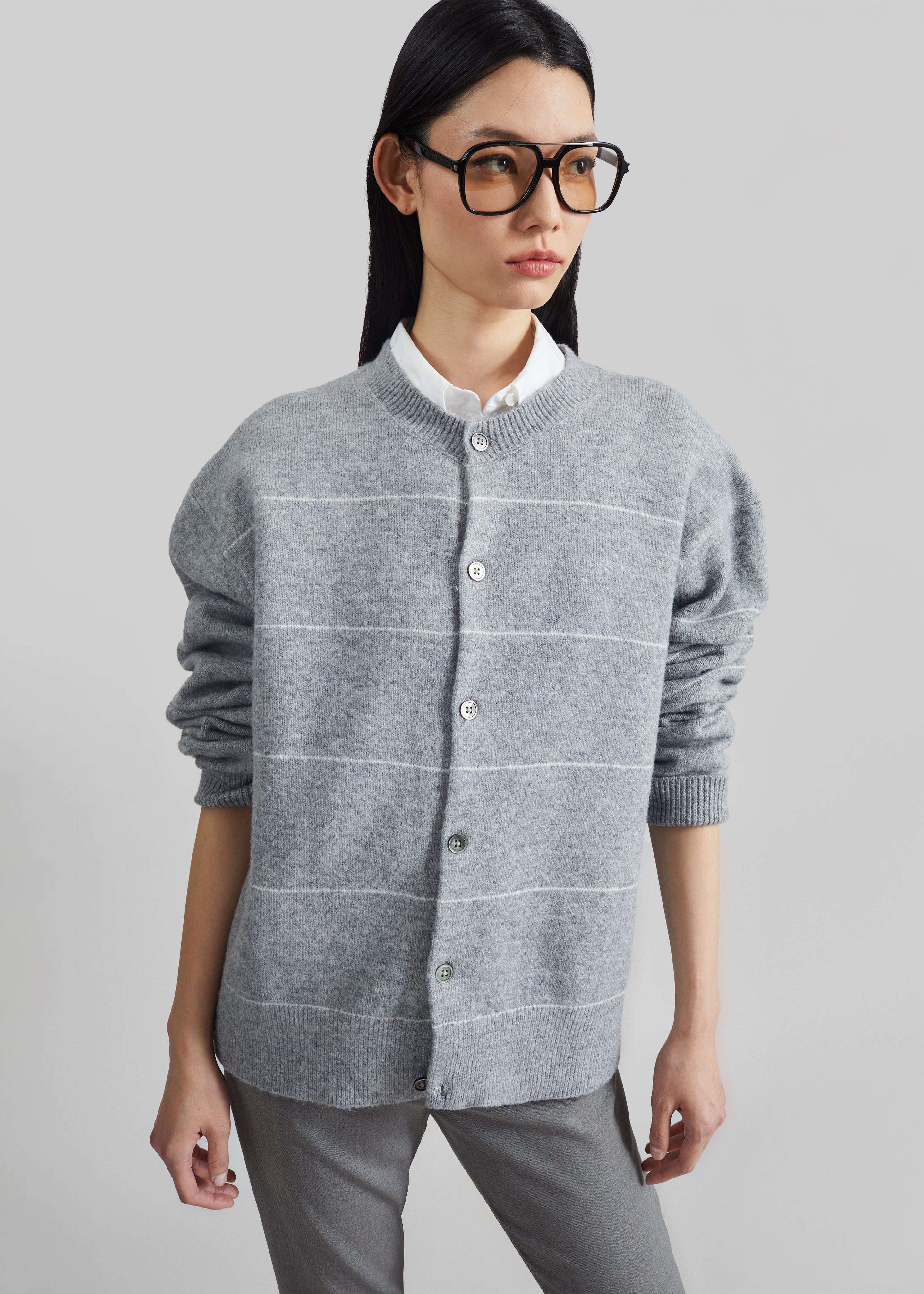Stenvad Crewneck Cardigan - Grey/White Stripe - 1