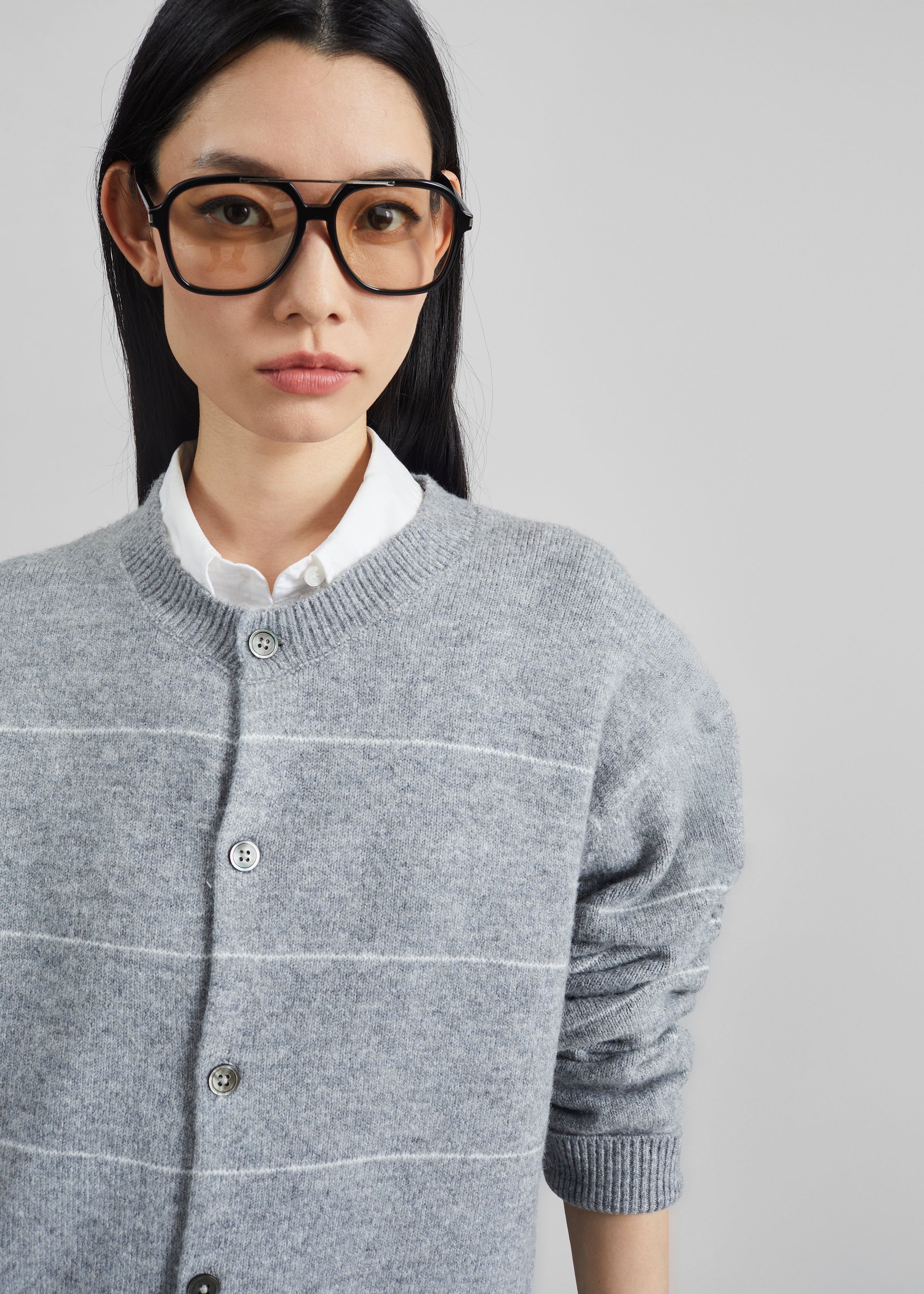 Stenvad Crewneck Cardigan - Grey/White Stripe - 5