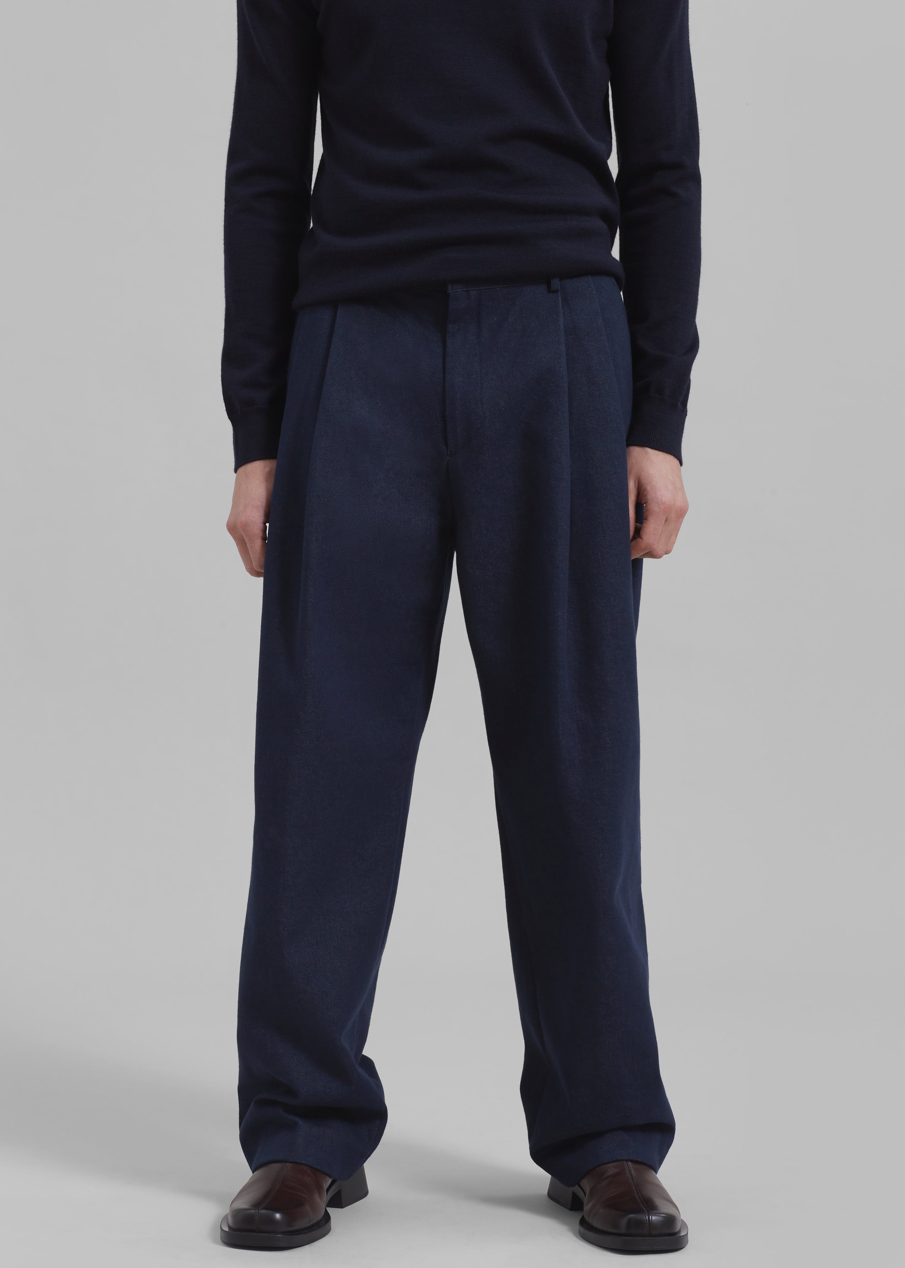 Stephen Pleated Denim Trousers - Navy – The Frankie Shop