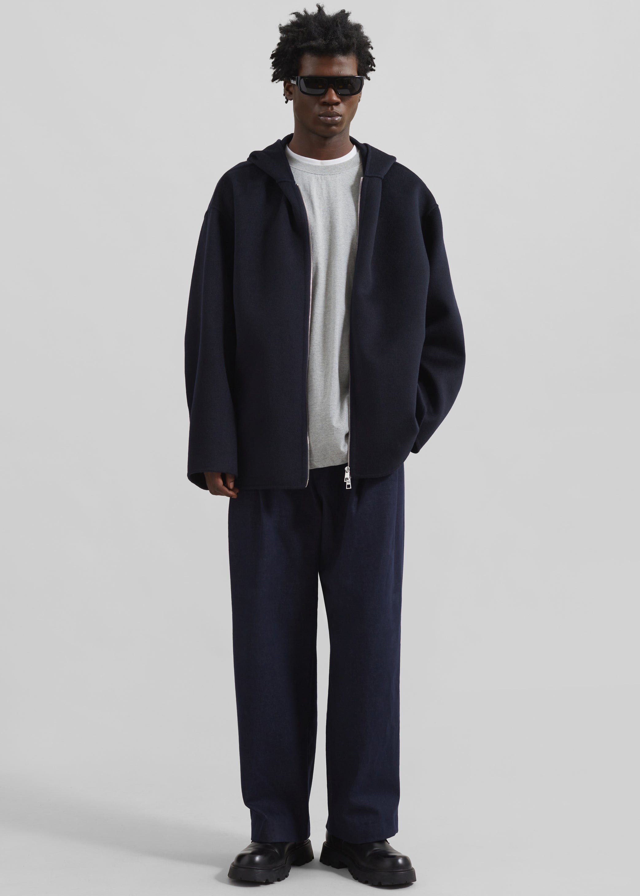 Shop the look image for Stephen Pleated Denim Trousers - Navy