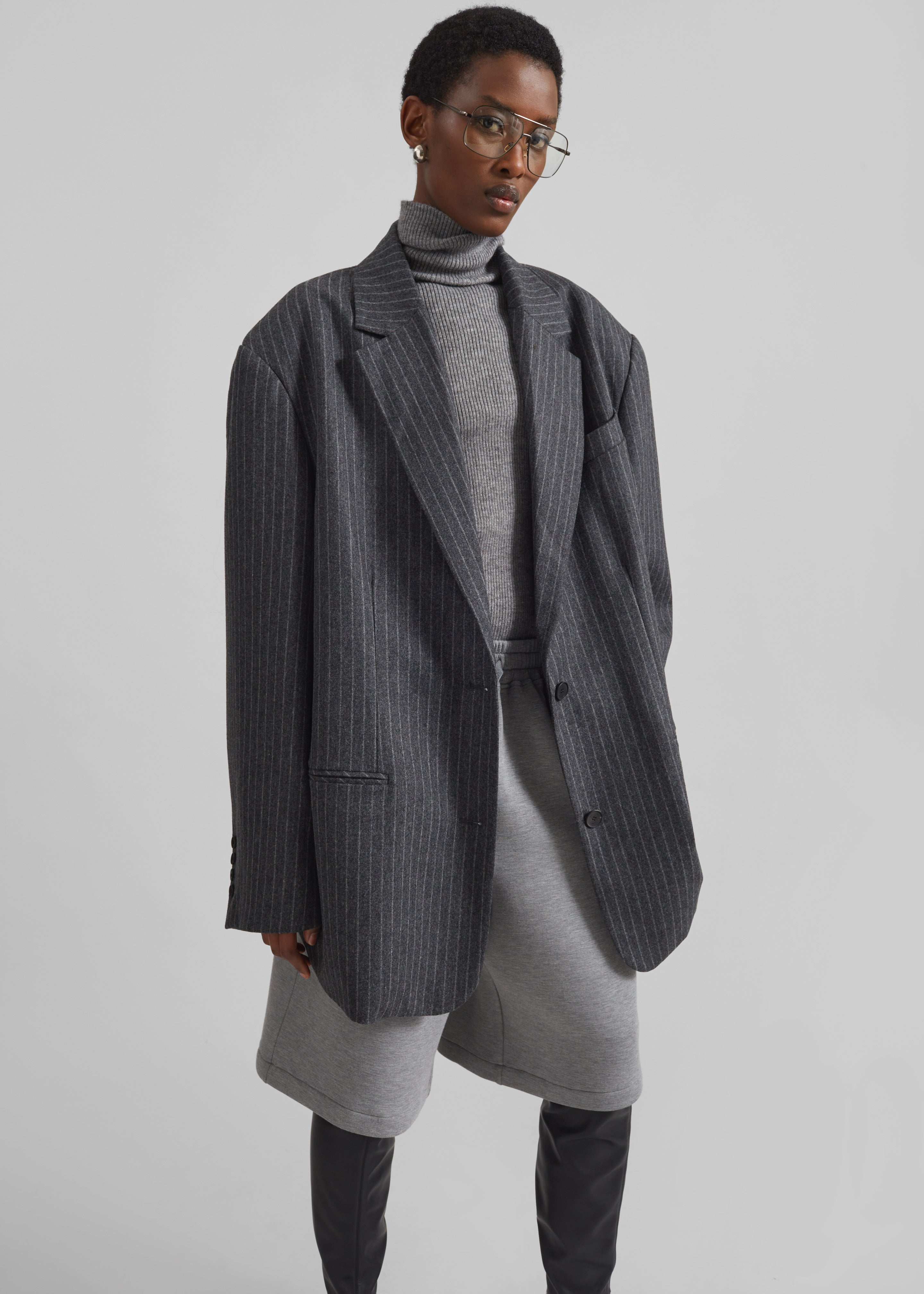 Stora Oversized Wool Blazer - Grey/White Pinstripe - 6