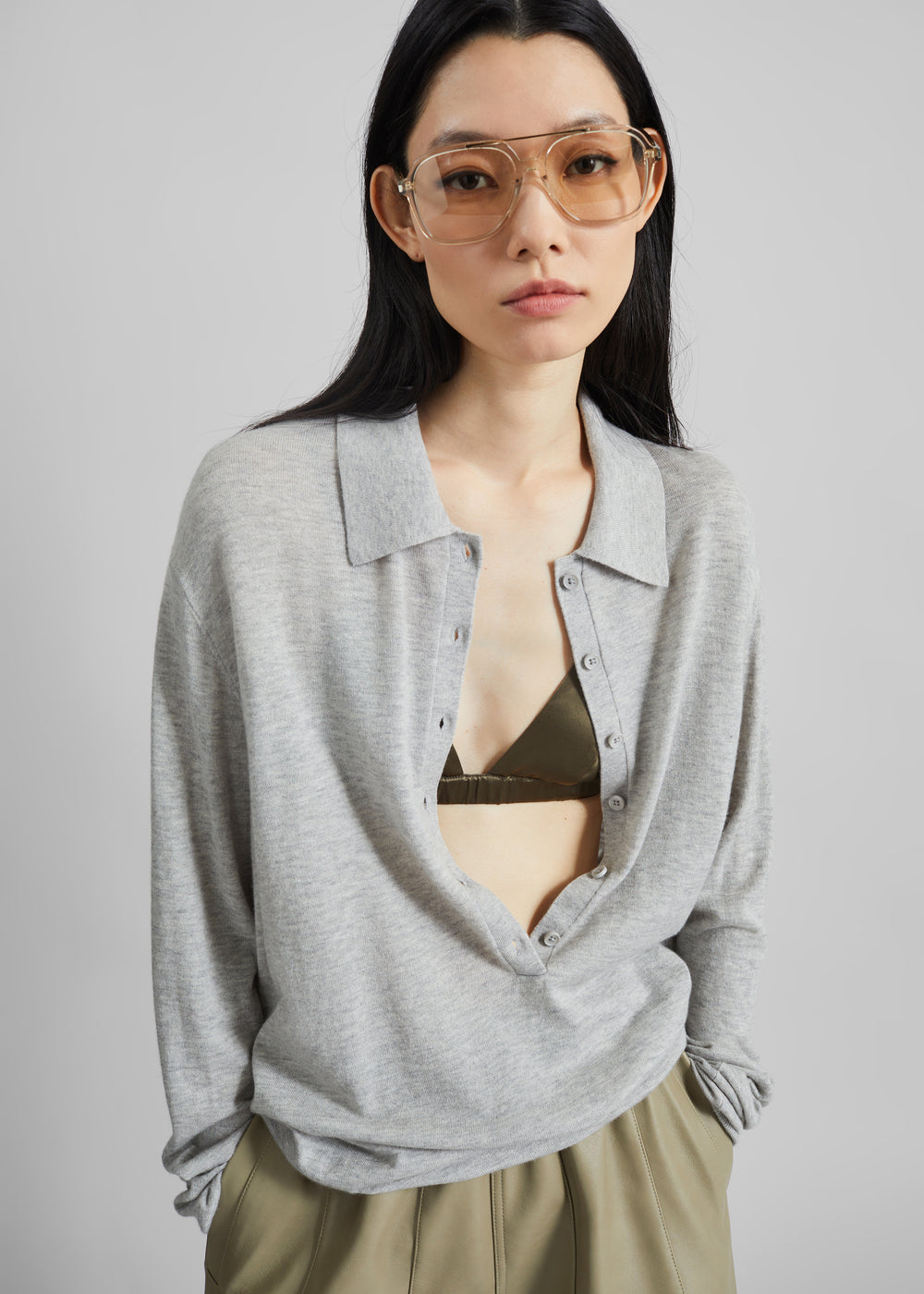 Tala Knit V-Neck Polo - Light Grey