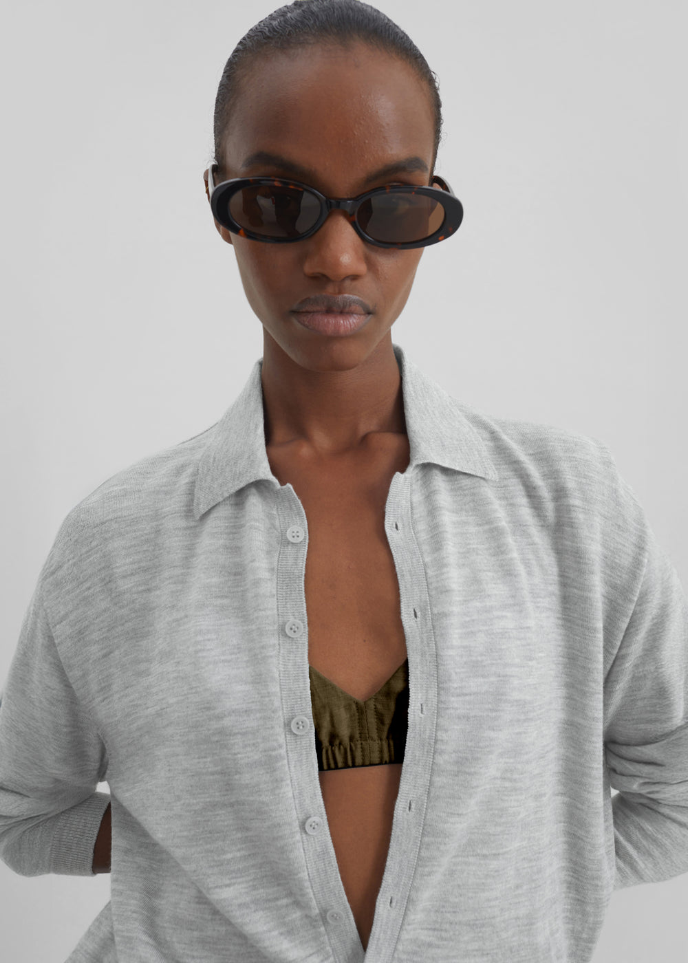 Tala Knit V-Neck Polo - Light Grey - 1