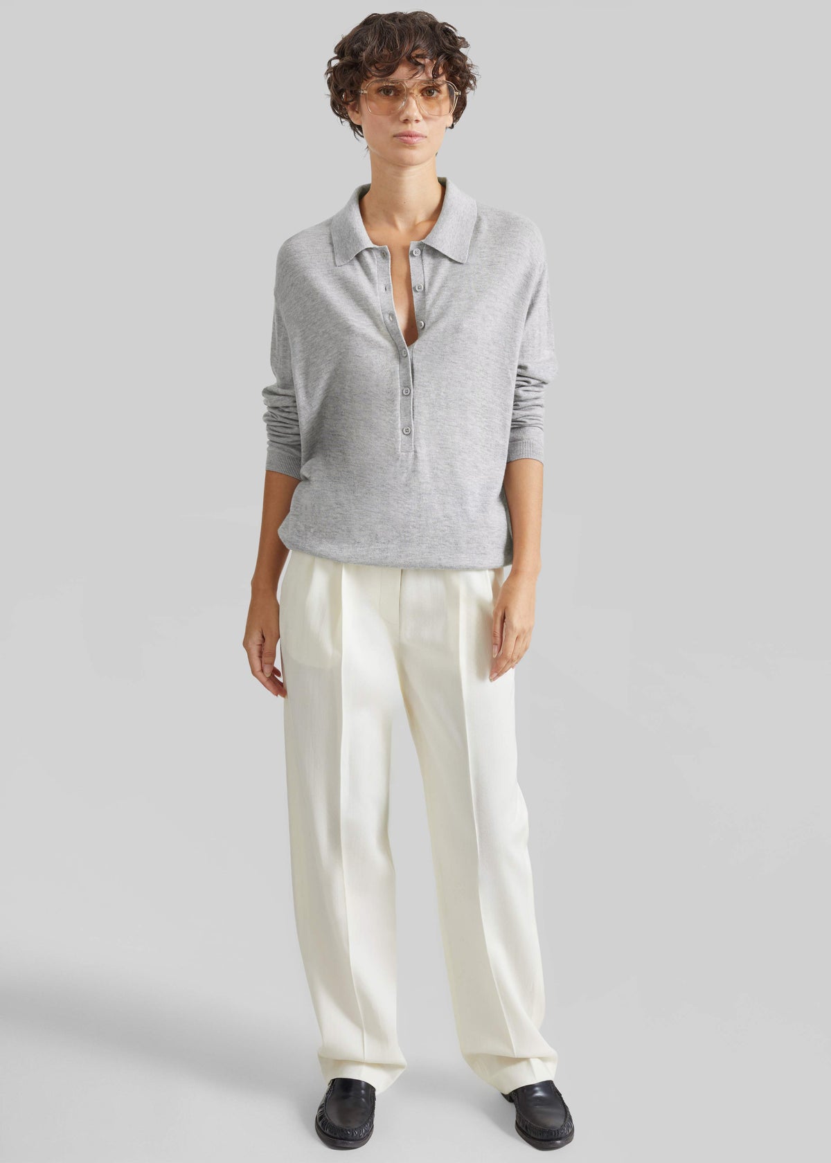Tala Knit V-Neck Polo - Light Grey